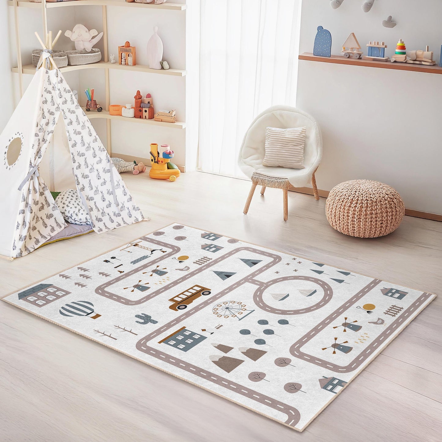 Verspielter Kinderteppich mit Straßenkartenmotiv, rechteckiger Teppich fürs Kinderzimmer, weiche Spielmatte fürs Kinderzimmer, interaktiver Spielteppich für Kinder