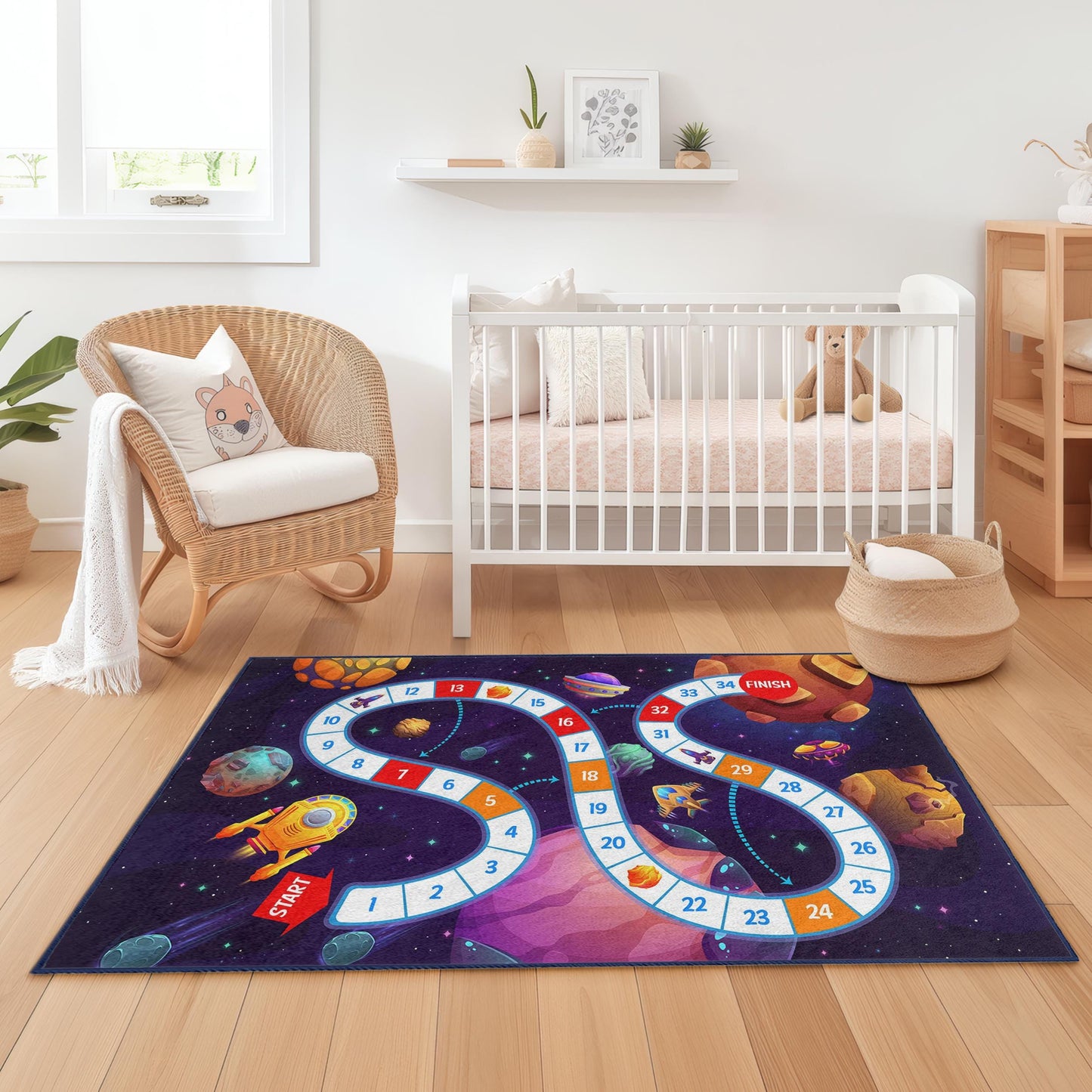 Weltraum-Abenteuer-Spielteppich für Kinder, rechteckiger Teppich mit Weltraummotiv, Spielzimmerteppich für Kinder, kosmische Spielmatte, Kinderzimmerdekoration