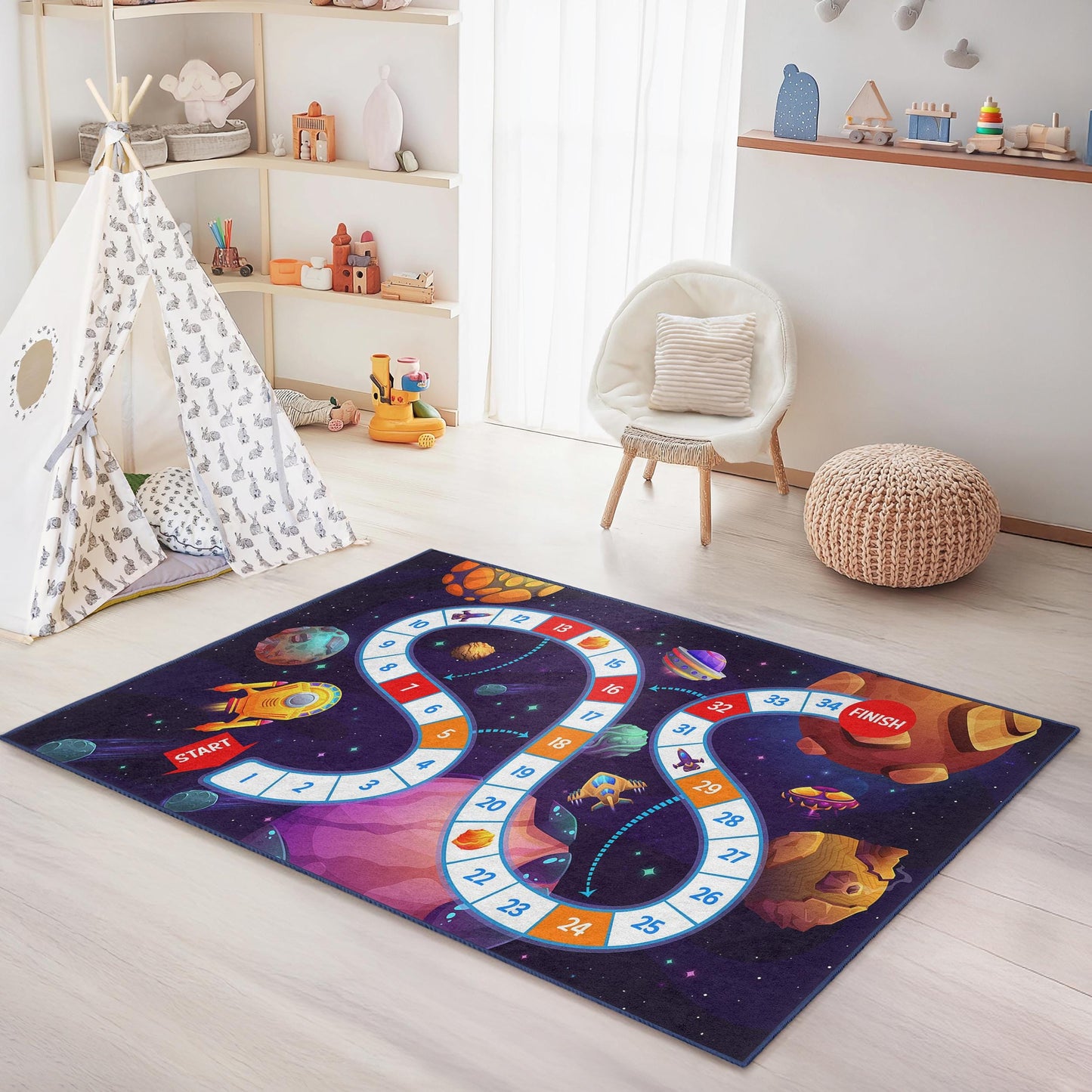 Weltraum-Abenteuer-Spielteppich für Kinder, rechteckiger Teppich mit Weltraummotiv, Spielzimmerteppich für Kinder, kosmische Spielmatte, Kinderzimmerdekoration