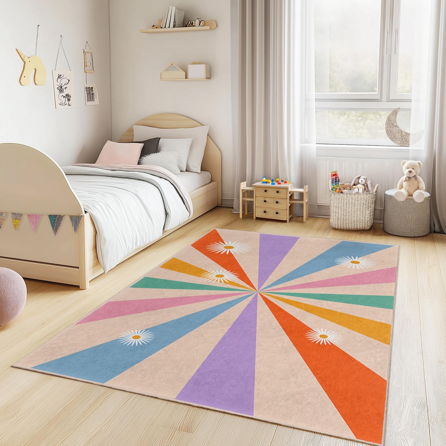 Bunter Kinderteppich mit Sonnenmuster, rechteckiger Spielzimmerteppich, Kinderzimmerteppich mit Blumenmuster, moderne Kinderzimmerdekoration