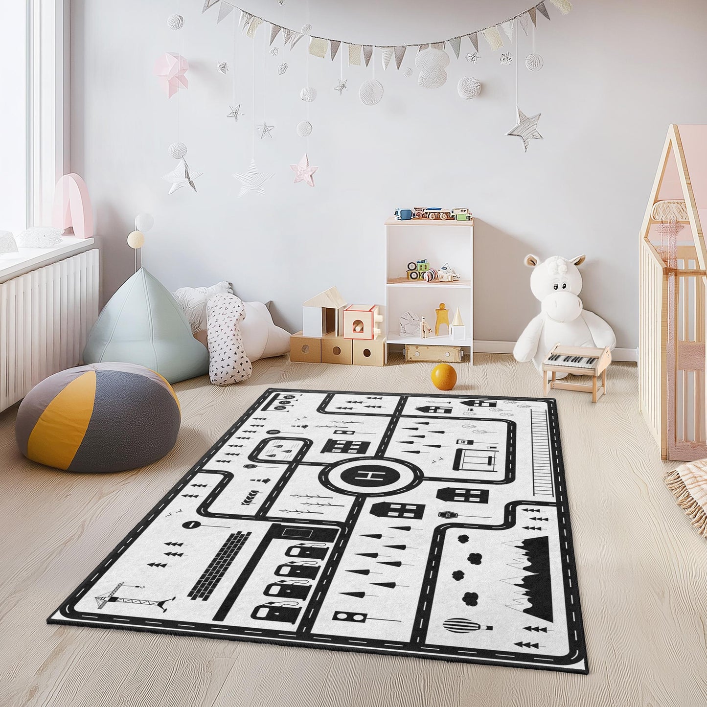 Stadtplan-Spielteppich für Kinder, interaktiver schwarz-weißer Kinderteppich, rechteckige Spielmatte, Kinderzimmerdekoration, Lernteppich für Kinder