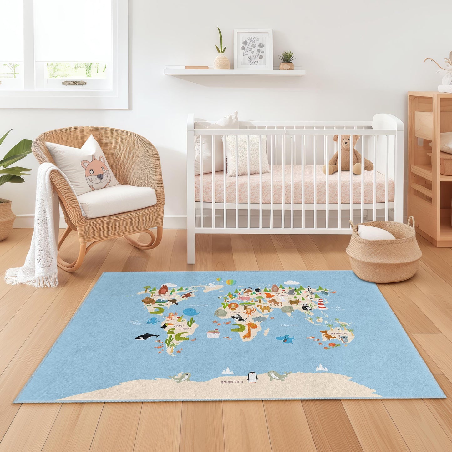 Weltkarten-Spielteppich für Kinder, interaktiver Lernteppich mit Tiermotiven, rechteckige Spielzimmerdekoration, pädagogischer Kinderteppich