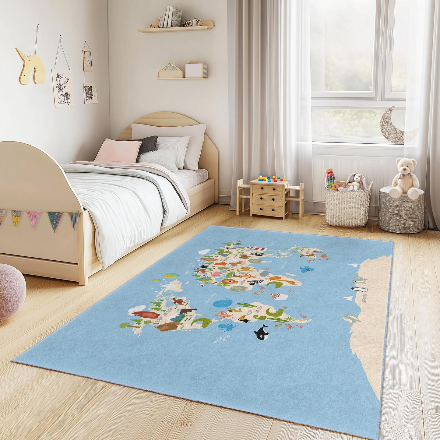 Weltkarten-Spielteppich für Kinder, interaktiver Lernteppich mit Tiermotiven, rechteckige Spielzimmerdekoration, pädagogischer Kinderteppich