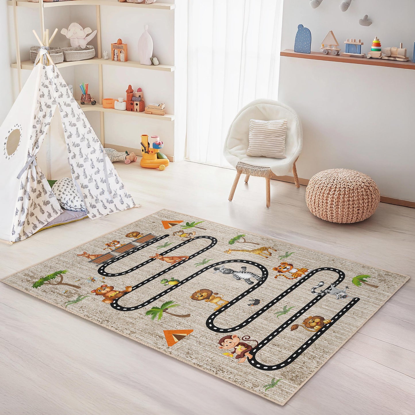 Safari-Abenteuer-Spielteppich für Kinder, Dschungel-Themen-Kinderteppich, Tierstraßenkarten-Teppich, weicher rechteckiger Teppich fürs Kinderzimmer