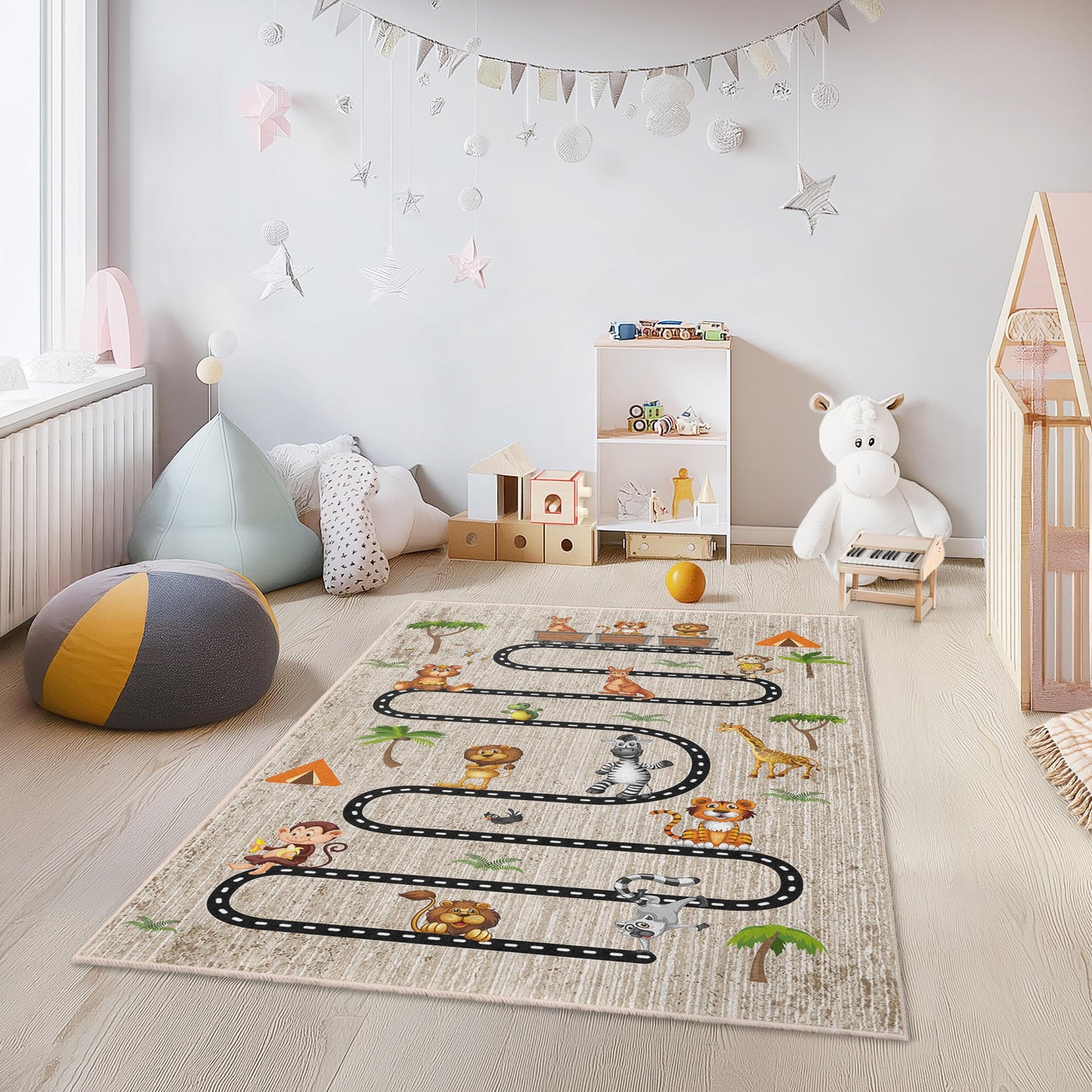 Safari-Abenteuer-Spielteppich für Kinder, Dschungel-Themen-Kinderteppich, Tierstraßenkarten-Teppich, weicher rechteckiger Teppich fürs Kinderzimmer