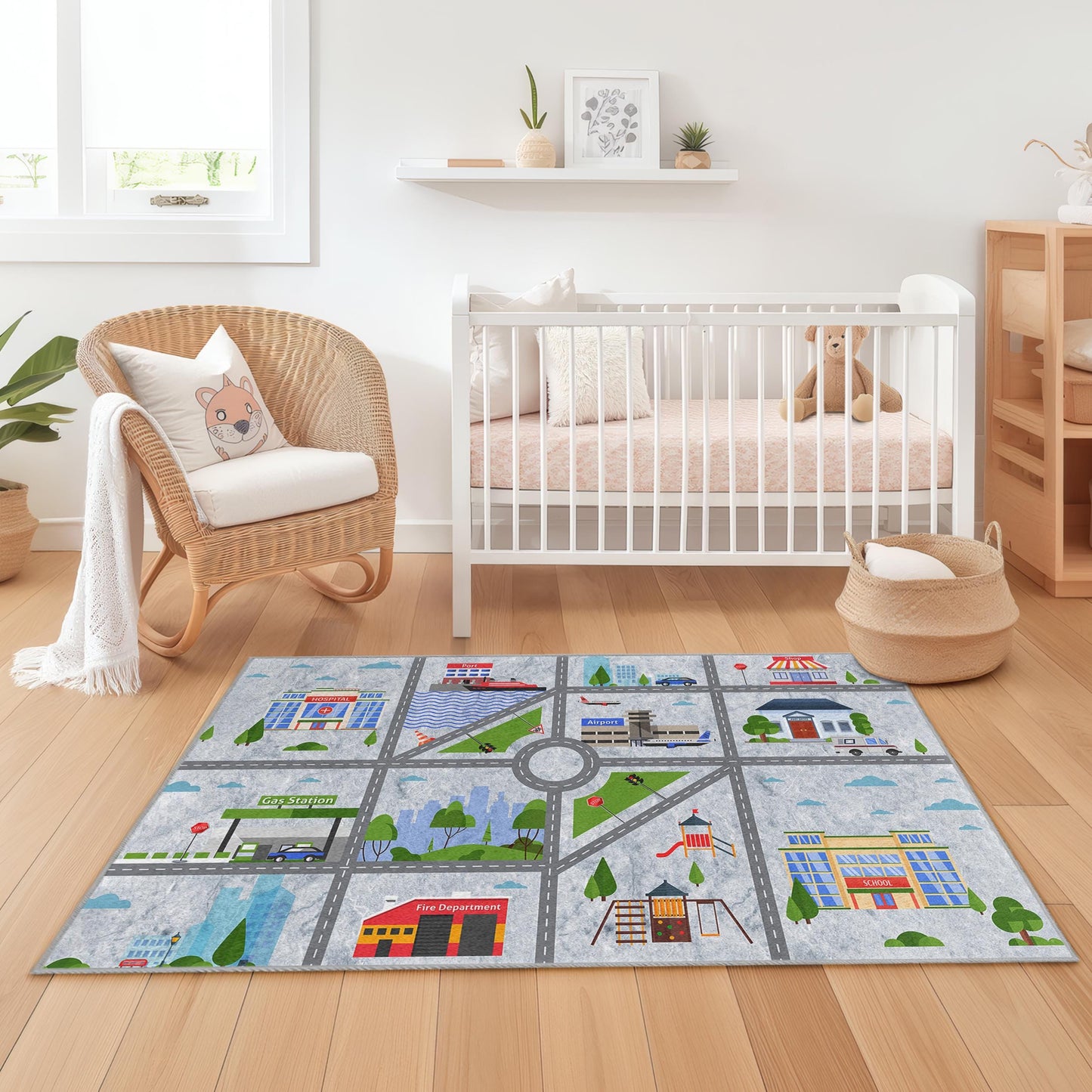 Stadtplan-Spielteppich für Kinder, interaktiver Straßenteppich, rechteckige Kinderzimmerdekoration, weiche Spielmatte für Kleinkinder, lustiger Kinderzimmerteppich