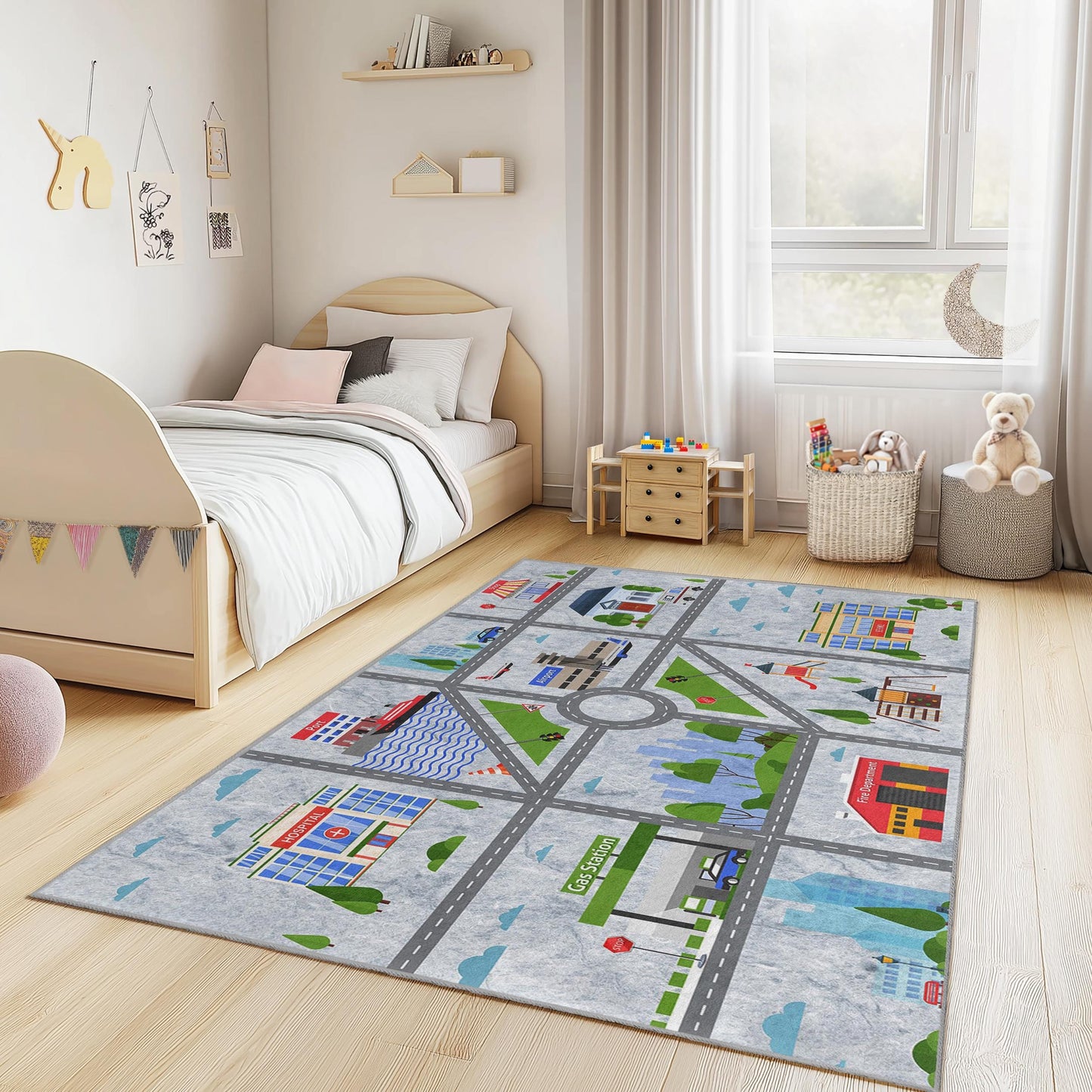 Stadtplan-Spielteppich für Kinder, interaktiver Straßenteppich, rechteckige Kinderzimmerdekoration, weiche Spielmatte für Kleinkinder, lustiger Kinderzimmerteppich