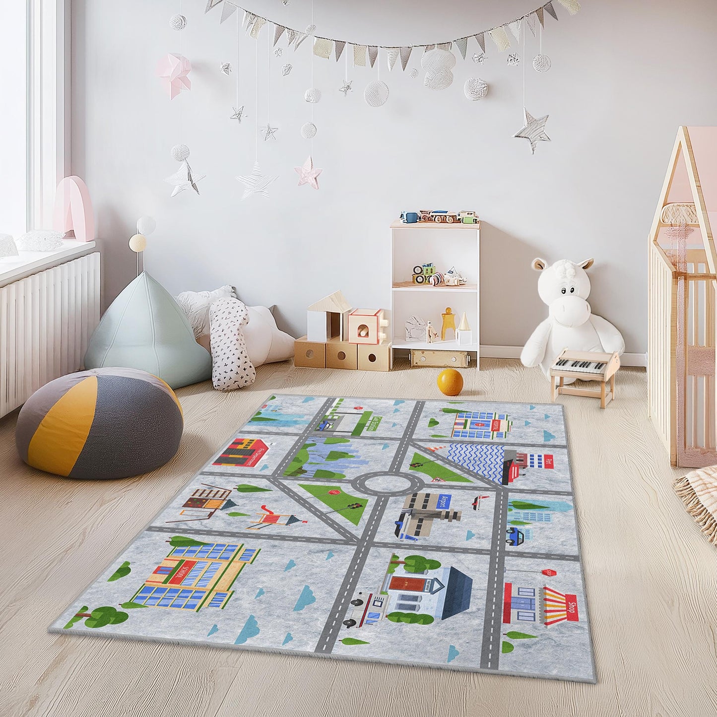 Stadtplan-Spielteppich für Kinder, interaktiver Straßenteppich, rechteckige Kinderzimmerdekoration, weiche Spielmatte für Kleinkinder, lustiger Kinderzimmerteppich