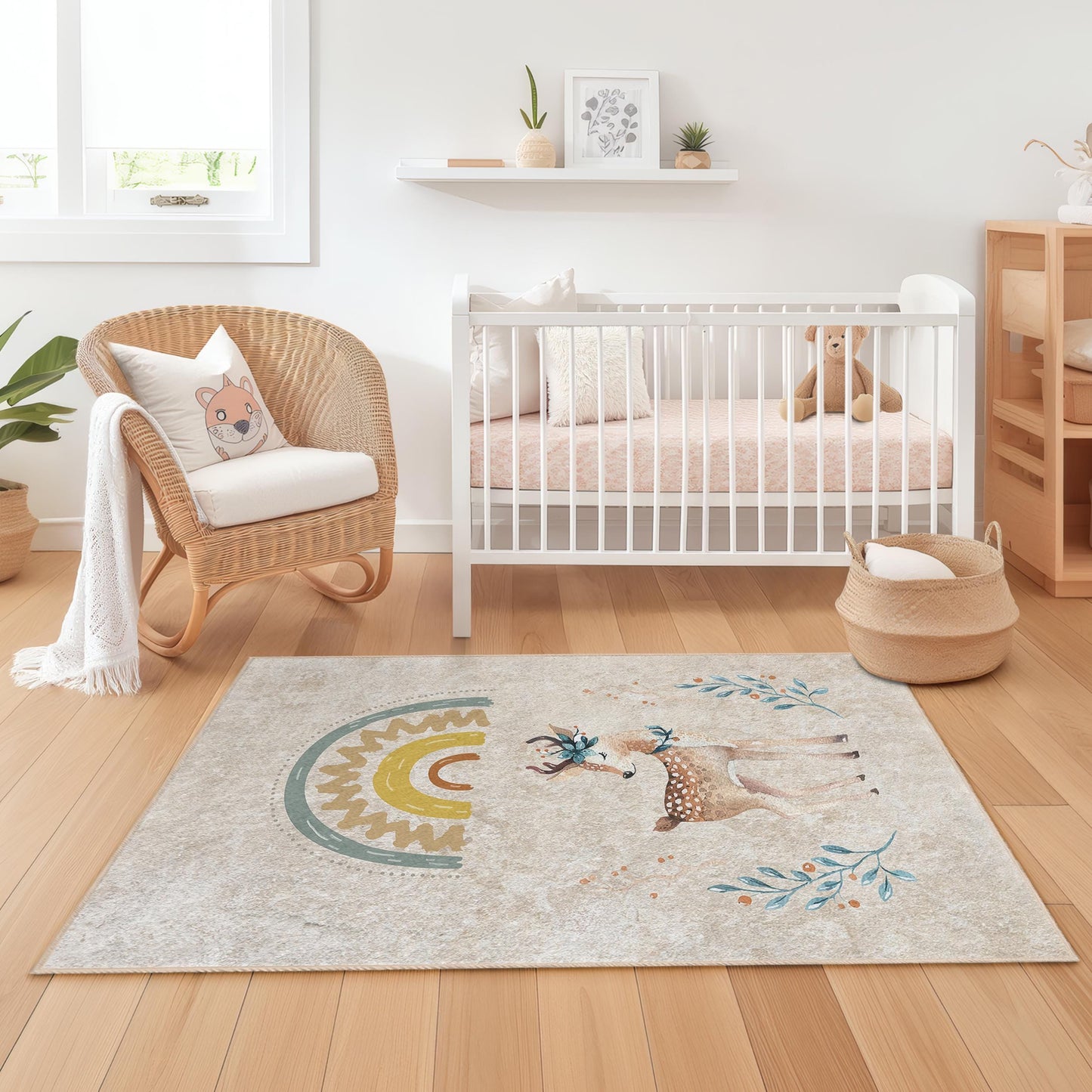 Niedlicher Reh- und Regenbogen-Kinderteppich, rechteckiger Spielzimmerteppich, Kinderzimmerdekoration, weiche Spielmatte fürs Kinderzimmer