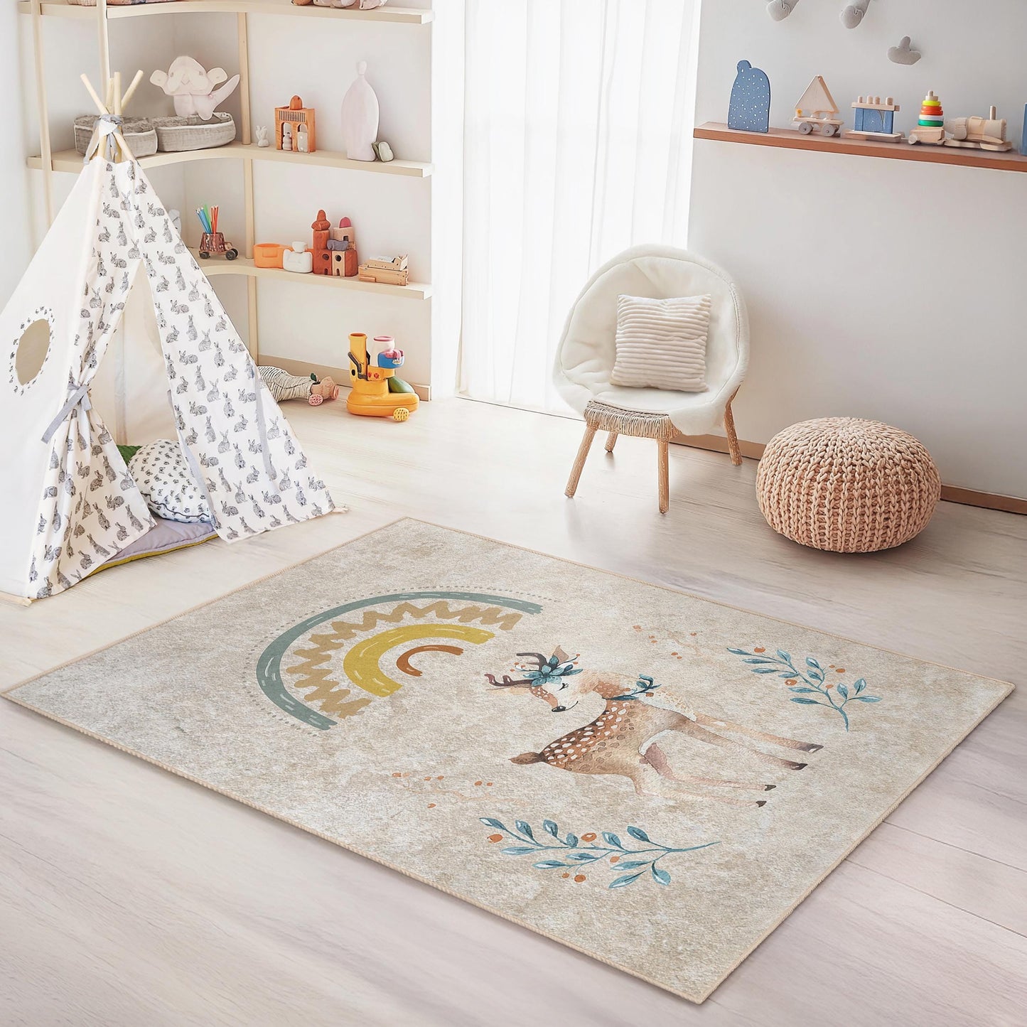 Niedlicher Reh- und Regenbogen-Kinderteppich, rechteckiger Spielzimmerteppich, Kinderzimmerdekoration, weiche Spielmatte fürs Kinderzimmer