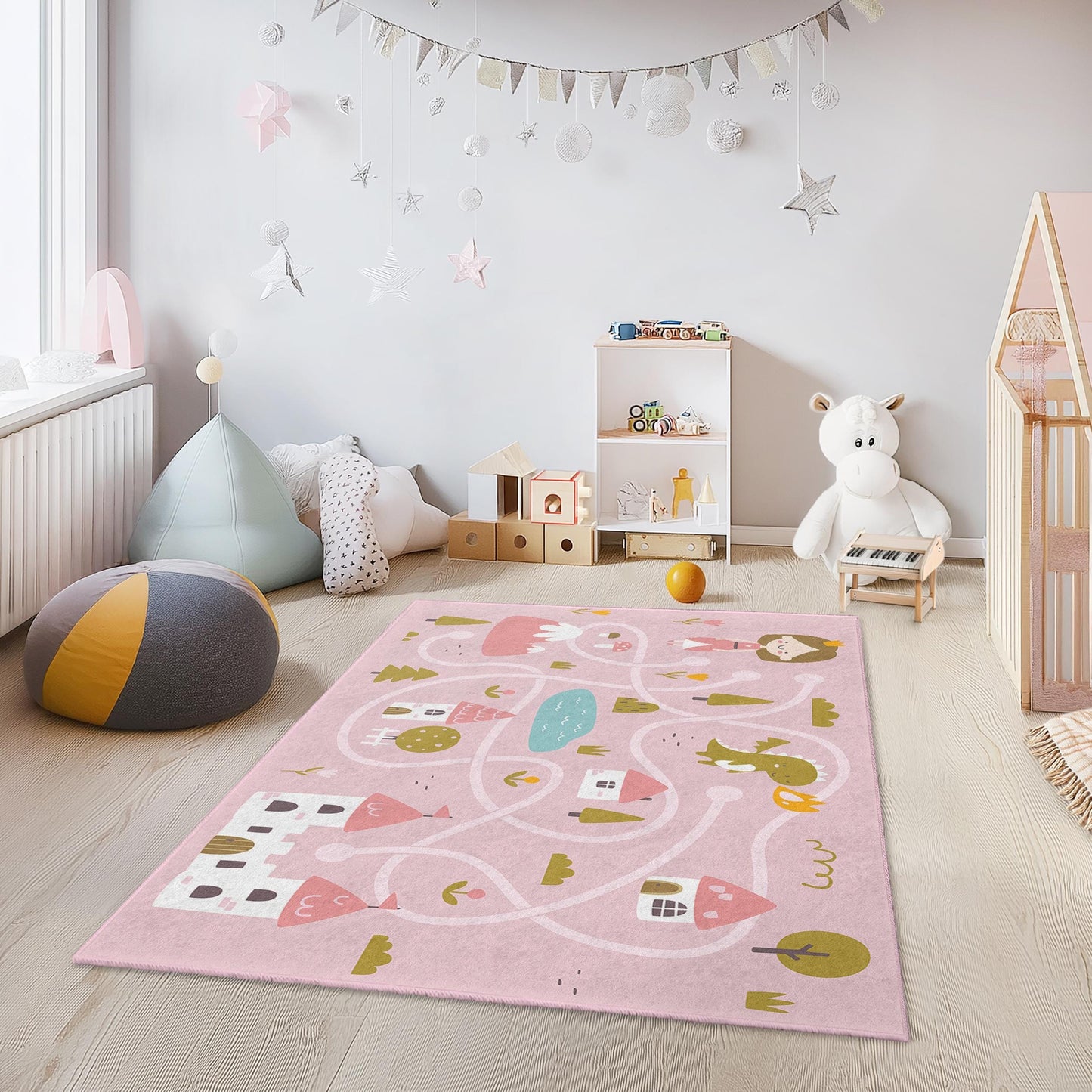 Prinzessinnenschloss-Abenteuer-Spielteppich für Kinder, rosa Spielmatte für Mädchen, rechteckiger Märchenteppich, Kinderzimmerdeko, Spielzimmerteppich