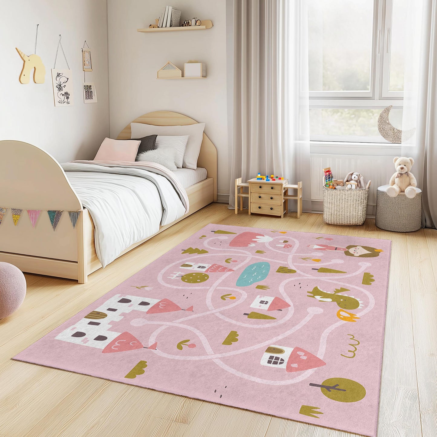 Prinzessinnenschloss-Abenteuer-Spielteppich für Kinder, rosa Spielmatte für Mädchen, rechteckiger Märchenteppich, Kinderzimmerdeko, Spielzimmerteppich