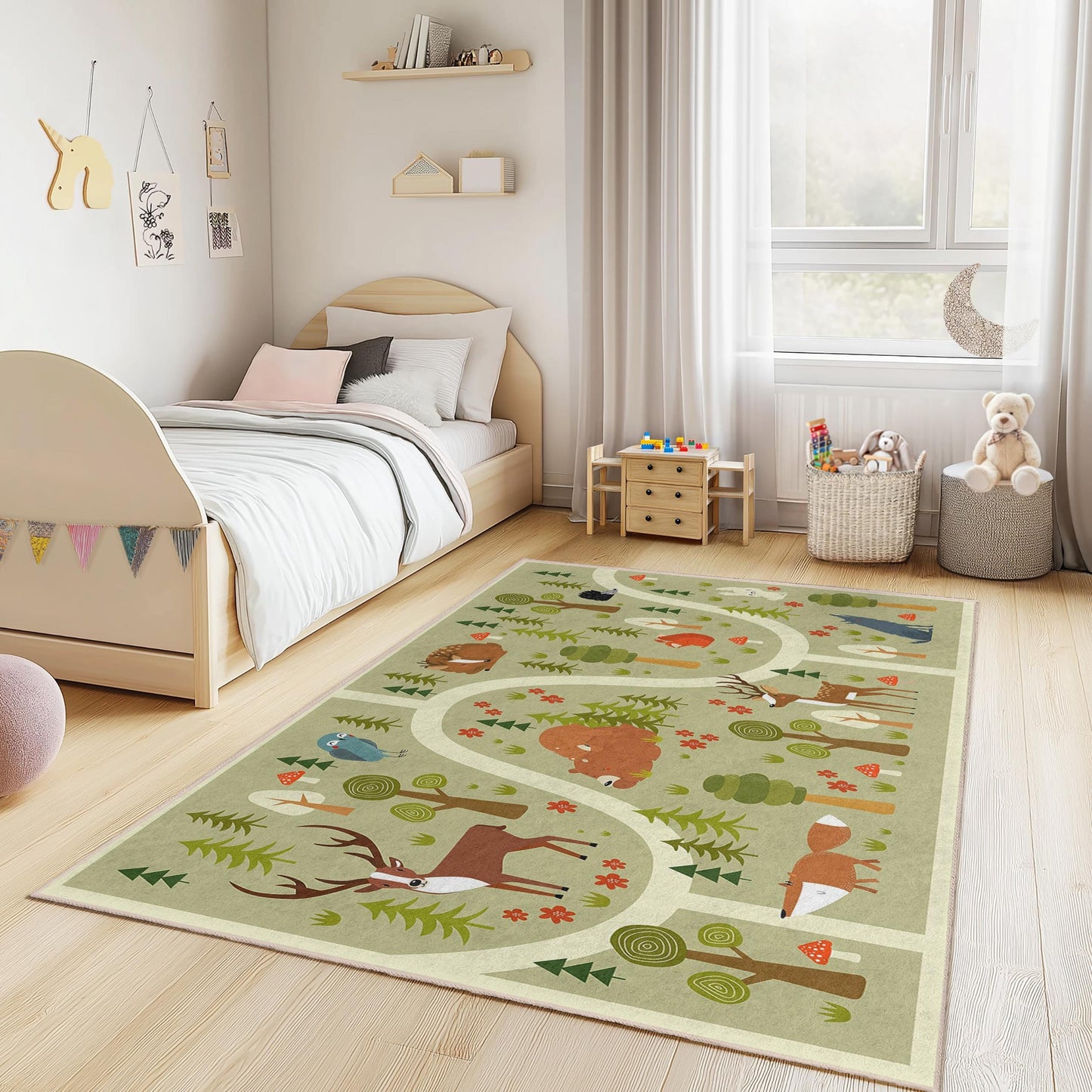 Spielteppich mit verspielten Waldtieren für Kinder, bezaubernder rechteckiger Teppich fürs Kinderzimmer, Naturmotiv-Kinderteppich, Spielzimmerdekoration