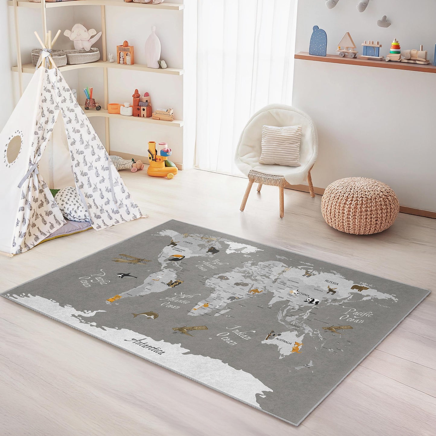 Weltkarten-Spielteppich für Kinder, rechteckige Lernspielmatte, Kinderzimmerteppich, Kinderzimmerdeko mit Tiermotiven, weicher Spielzimmerteppich