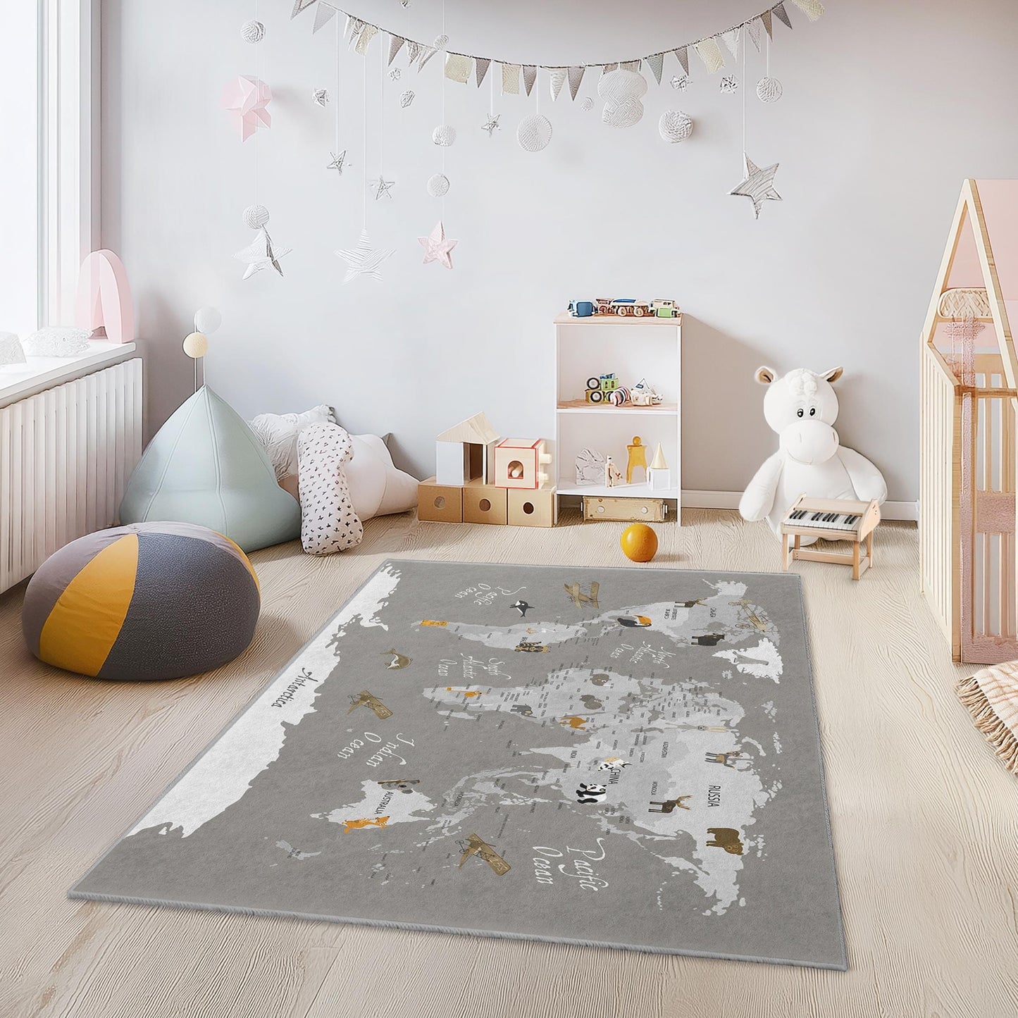 Weltkarten-Spielteppich für Kinder, rechteckige Lernspielmatte, Kinderzimmerteppich, Kinderzimmerdeko mit Tiermotiven, weicher Spielzimmerteppich