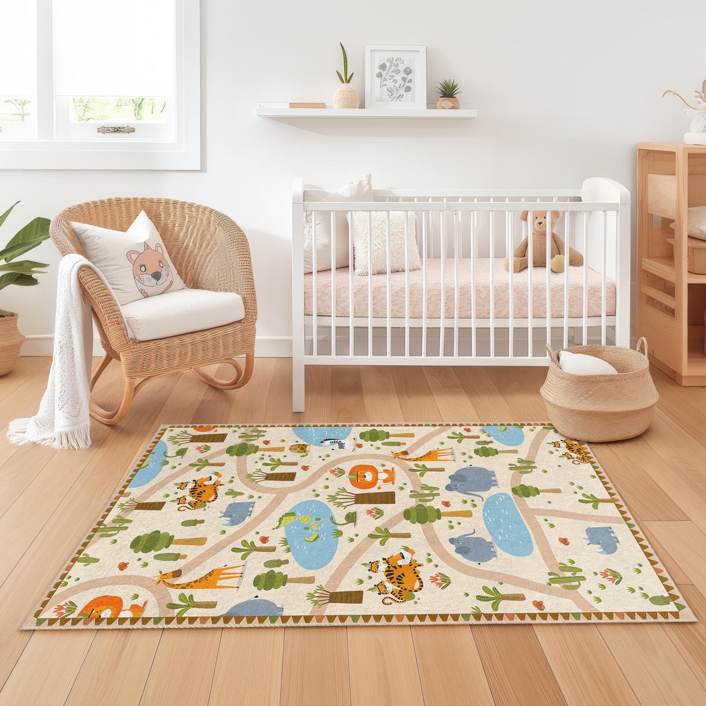 Safari-Abenteuer-Spielteppich für Kinder, Tiermotiv-Spielteppich für Kinder, rechteckige Spielmatte, Dschungeldeko fürs Kinderzimmer, weicher Kinderzimmerteppich
