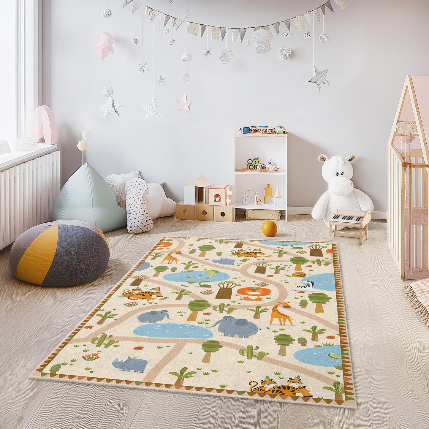 Safari-Abenteuer-Spielteppich für Kinder, Tiermotiv-Spielteppich für Kinder, rechteckige Spielmatte, Dschungeldeko fürs Kinderzimmer, weicher Kinderzimmerteppich