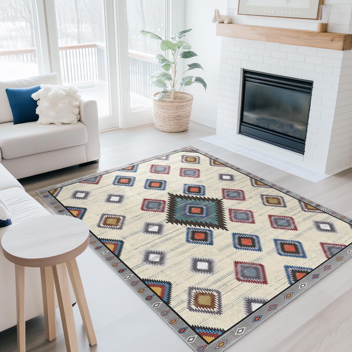 Rechteckiger Teppich mit geometrischem Rautenmuster | Bunter Boho-Teppich fürs Wohnzimmer | Weiche, waschbare Fußmatte