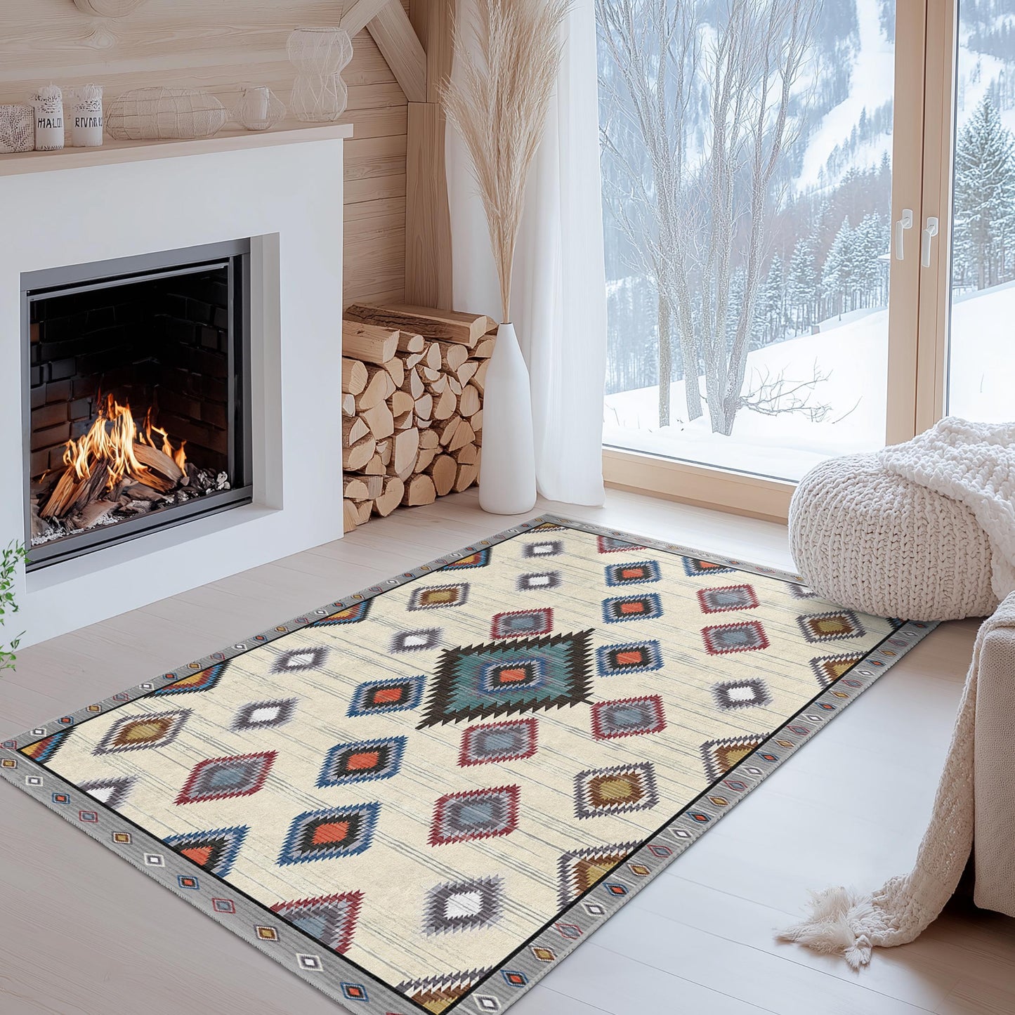 Rechteckiger Teppich mit geometrischem Rautenmuster | Bunter Boho-Teppich fürs Wohnzimmer | Weiche, waschbare Fußmatte