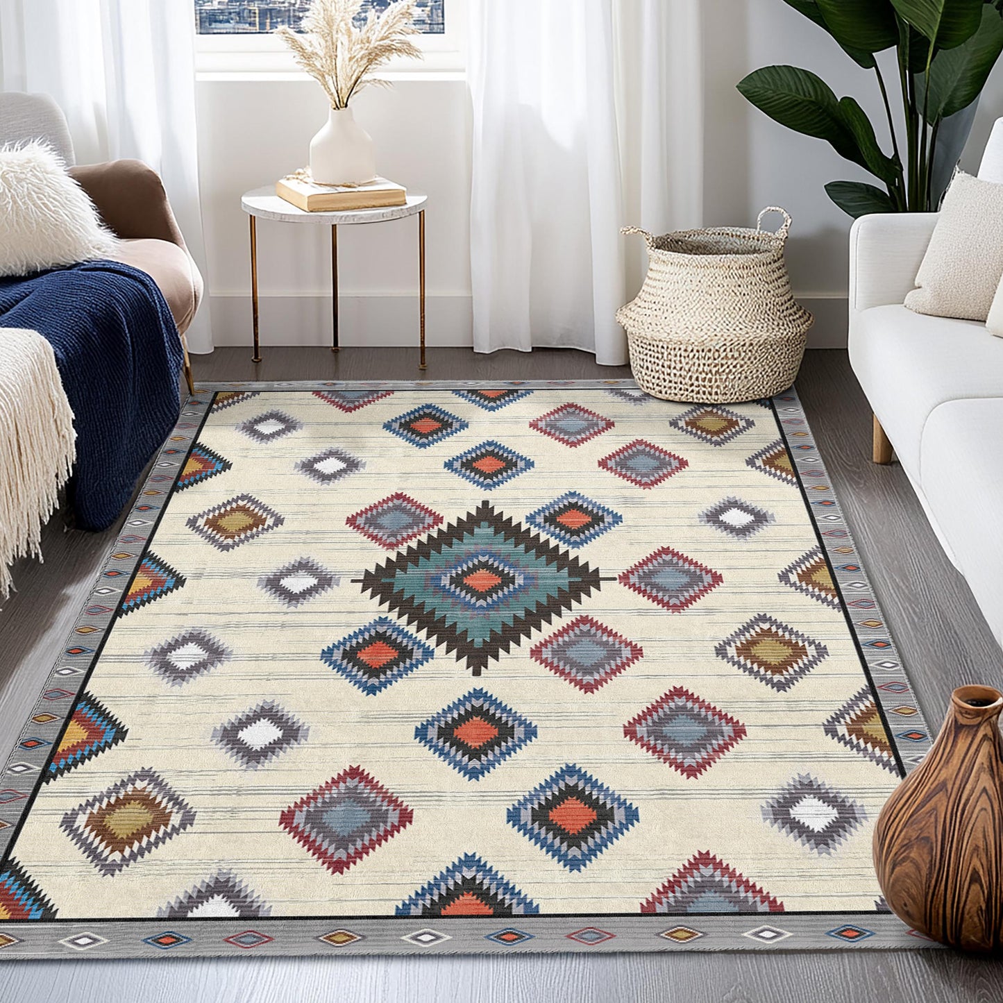 Rechteckiger Teppich mit geometrischem Rautenmuster | Bunter Boho-Teppich fürs Wohnzimmer | Weiche, waschbare Fußmatte