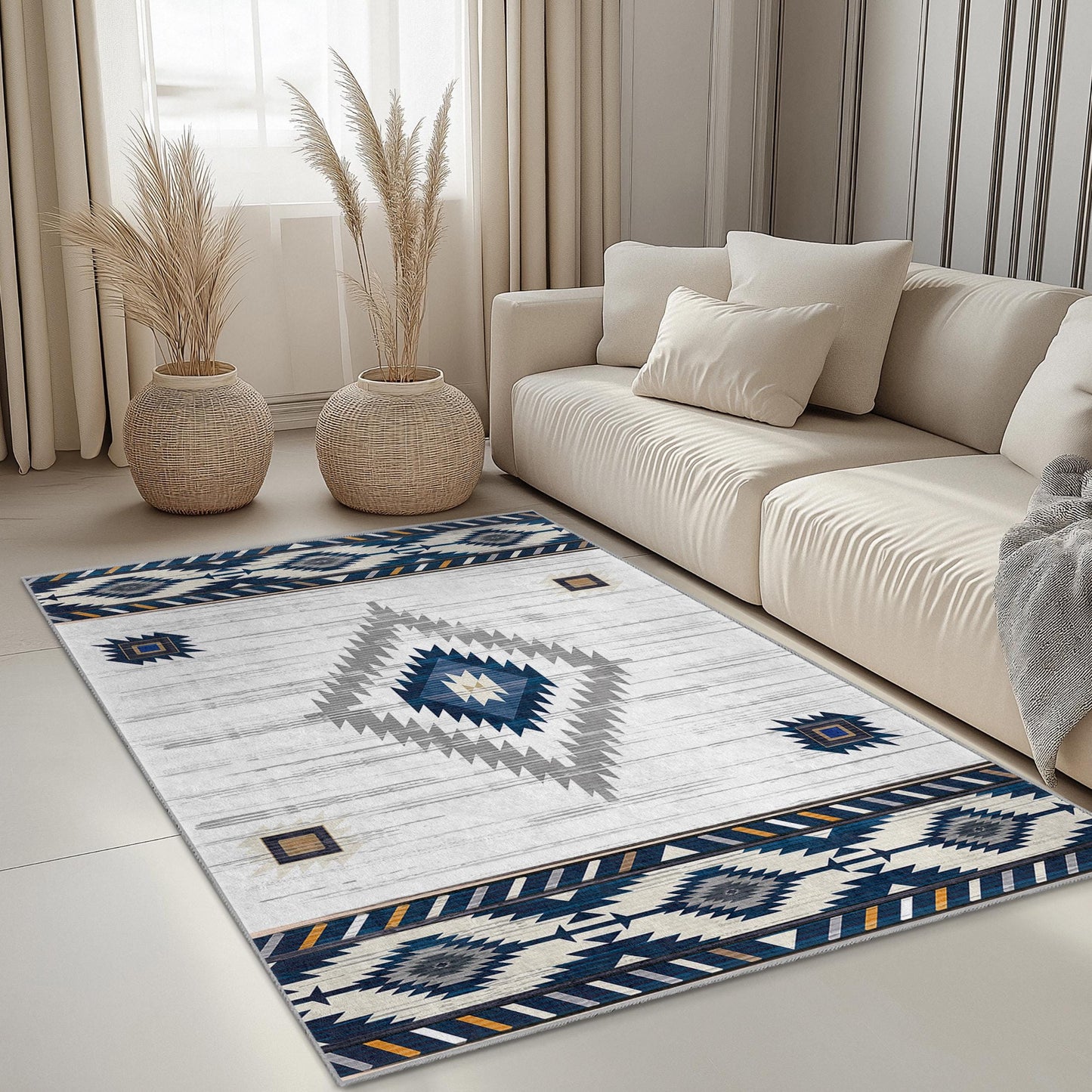 Rechteckiger Teppich mit geometrischem Muster | Moderner Boho-Teppich | Stilvolle Wohnzimmerdekoration | Weiche Baumwoll-Fußmatte
