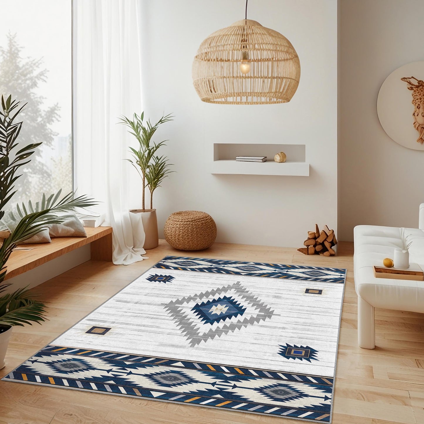 Rechteckiger Teppich mit geometrischem Muster | Moderner Boho-Teppich | Stilvolle Wohnzimmerdekoration | Weiche Baumwoll-Fußmatte