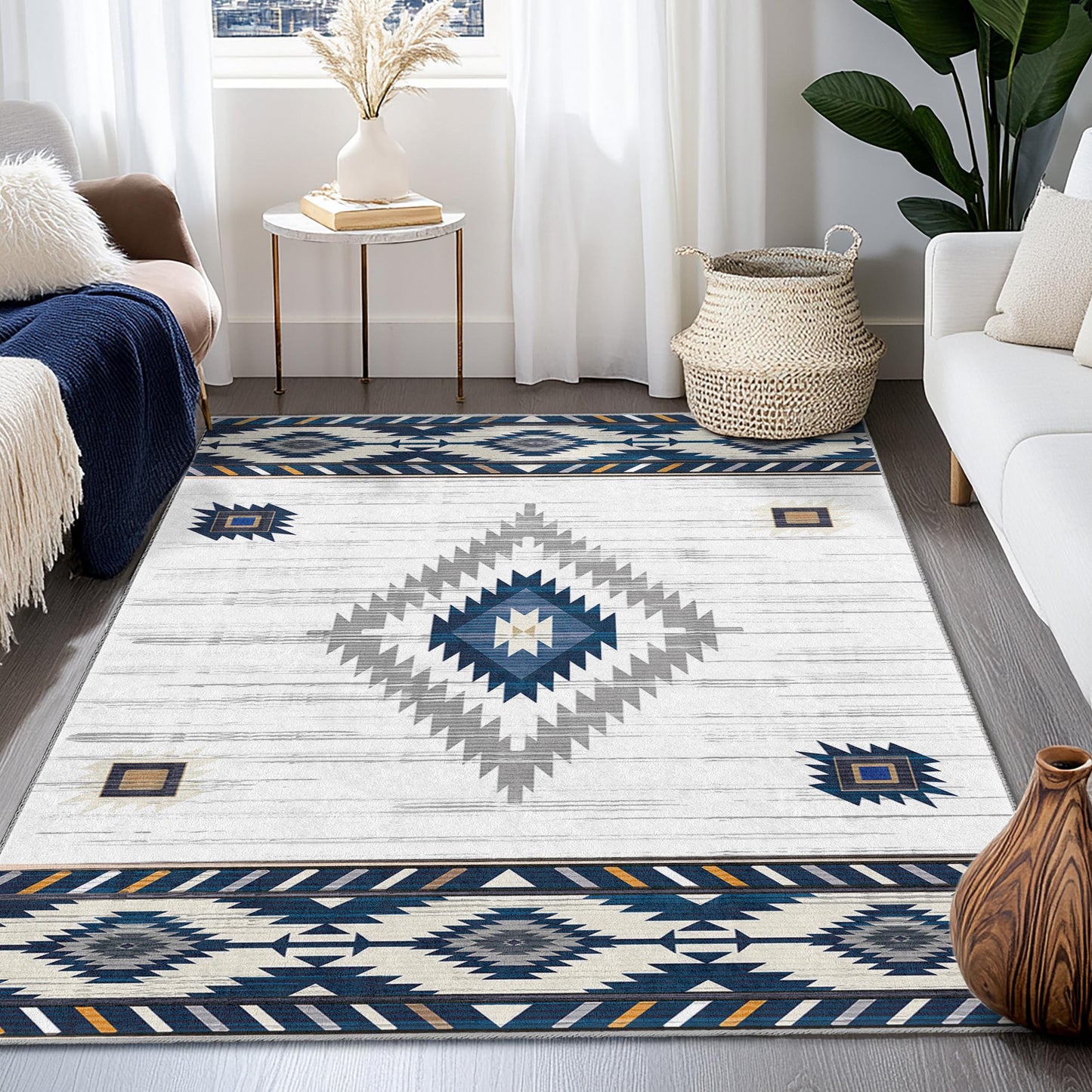Rechteckiger Teppich mit geometrischem Muster | Moderner Boho-Teppich | Stilvolle Wohnzimmerdekoration | Weiche Baumwoll-Fußmatte