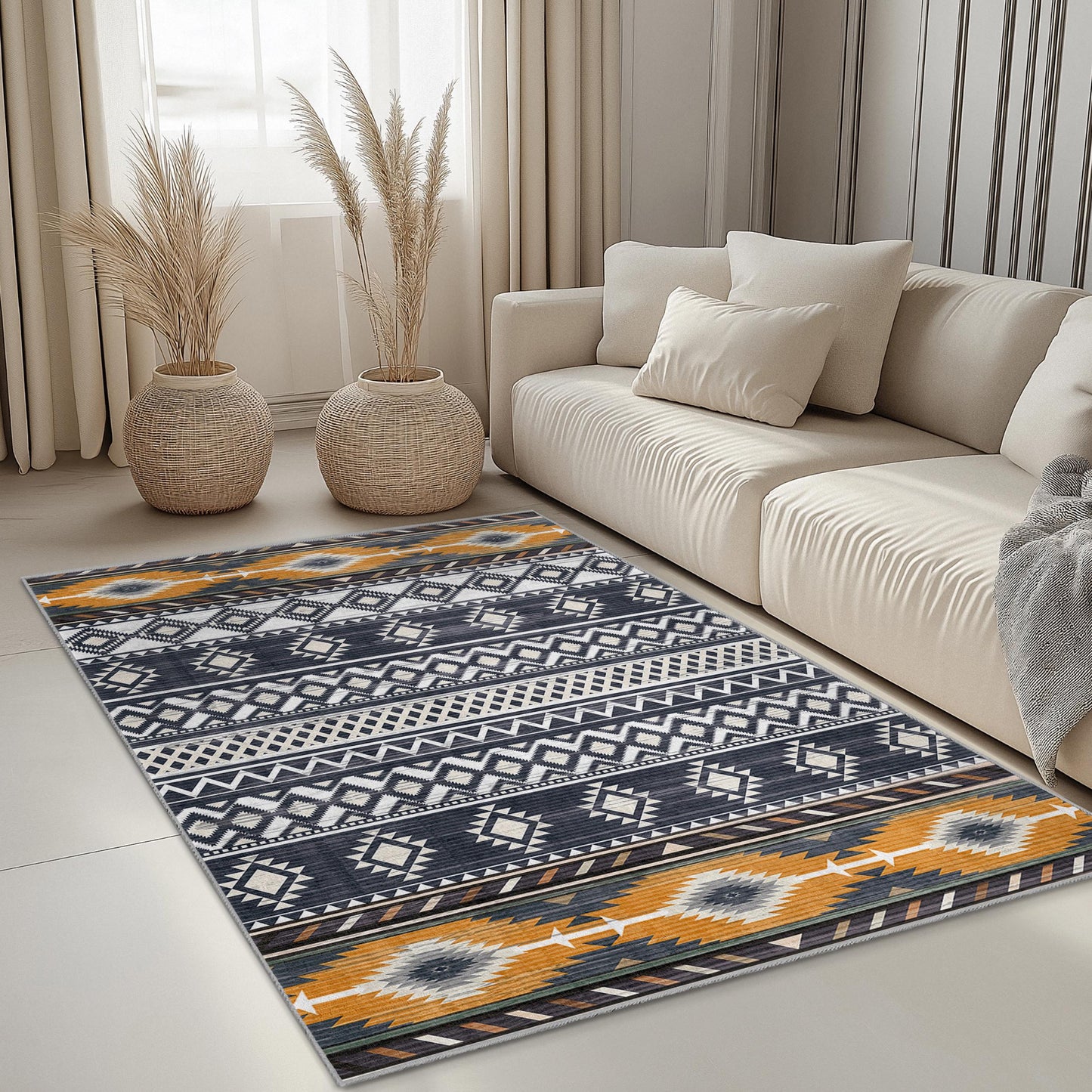Rechteckiger Teppich mit geometrischem Muster | Moderner Boho-Chic-Teppich fürs Wohnzimmer | Stilvolle, dekorative Fußmatte