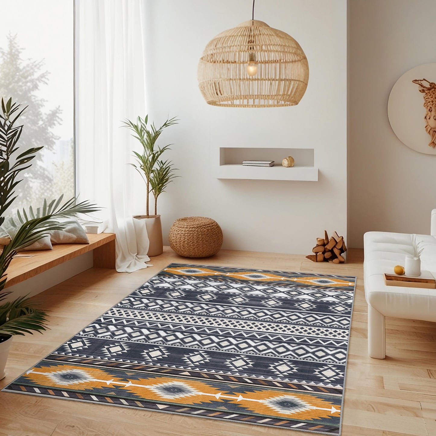 Rechteckiger Teppich mit geometrischem Muster | Moderner Boho-Chic-Teppich fürs Wohnzimmer | Stilvolle, dekorative Fußmatte