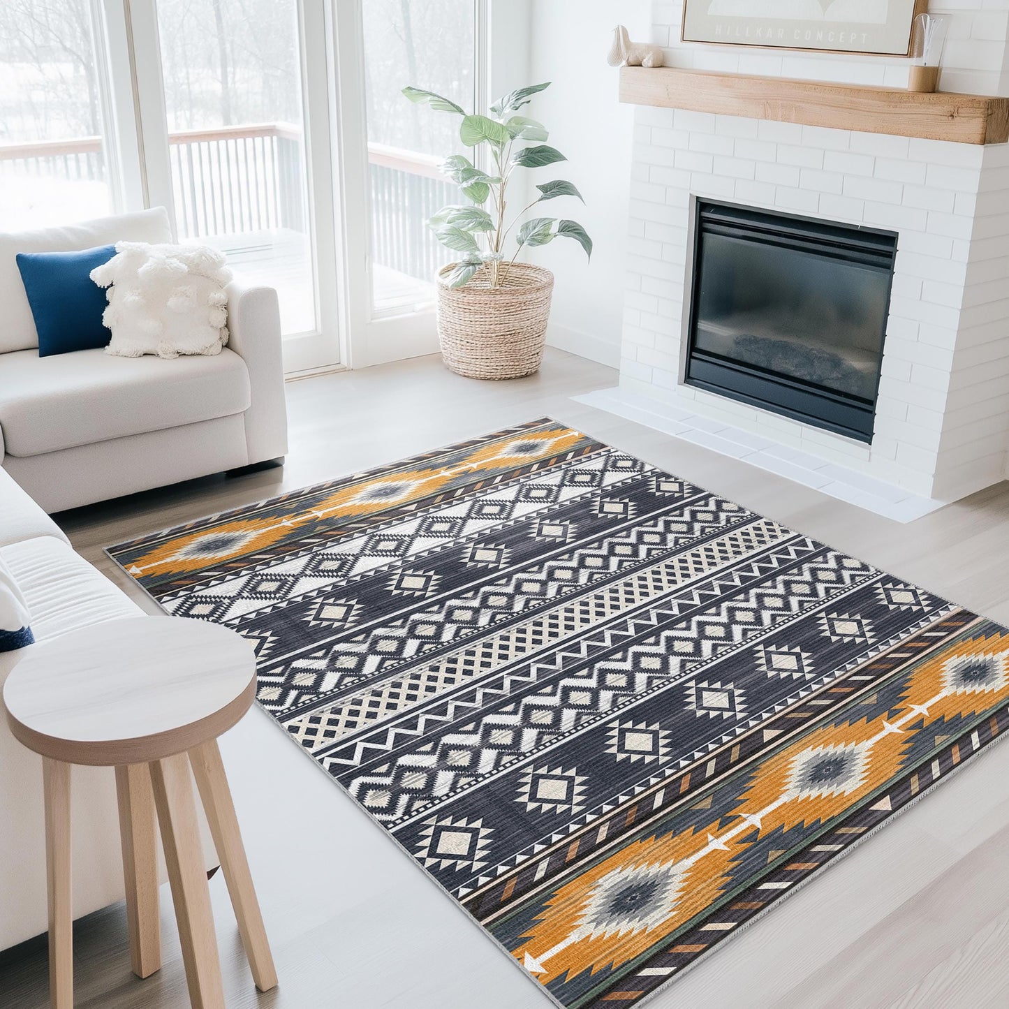 Rechteckiger Teppich mit geometrischem Muster | Moderner Boho-Chic-Teppich fürs Wohnzimmer | Stilvolle, dekorative Fußmatte