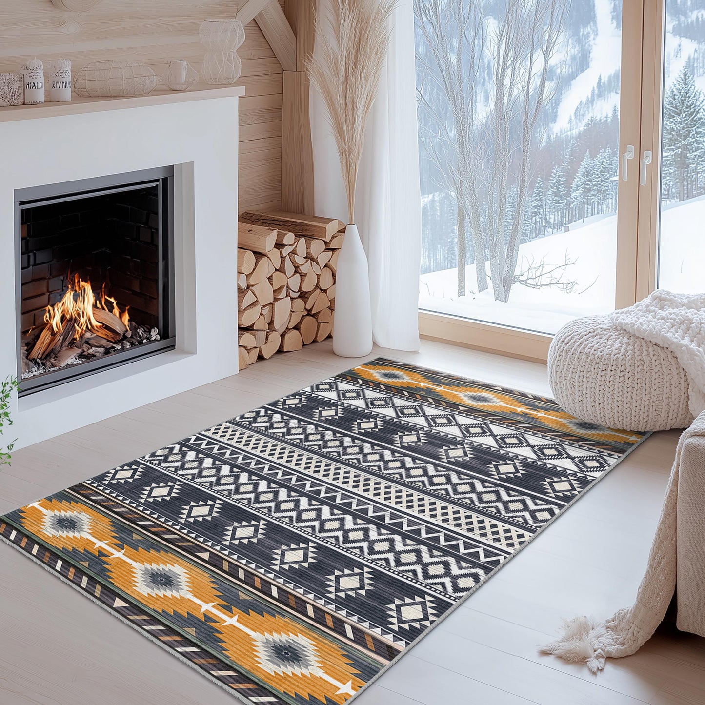 Rechteckiger Teppich mit geometrischem Muster | Moderner Boho-Chic-Teppich fürs Wohnzimmer | Stilvolle, dekorative Fußmatte