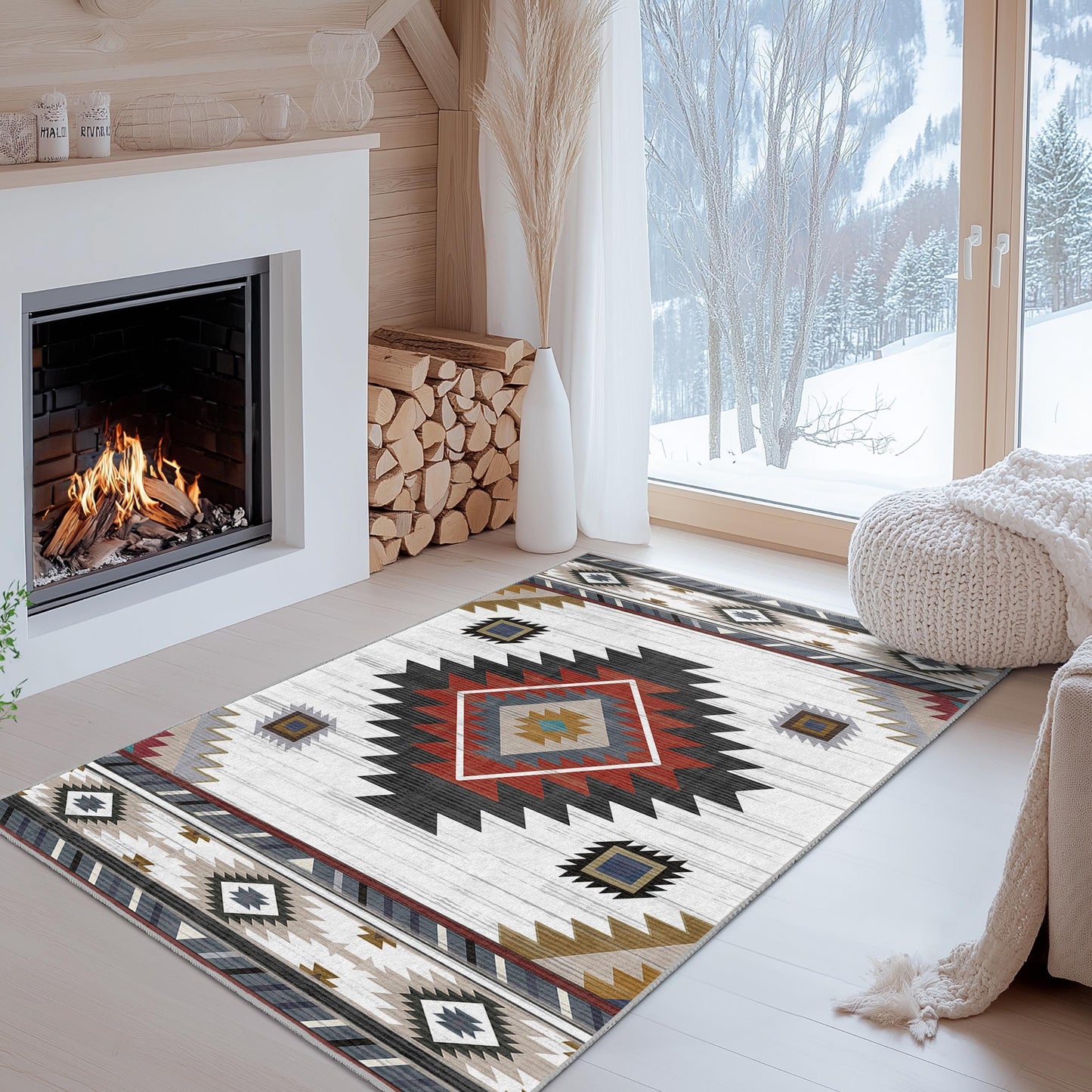 Stilvoller rechteckiger Teppich mit geometrischem Muster | Modernes Wohnambiente im Bohème-Stil | Weicher Baumwollteppich fürs Wohnzimmer