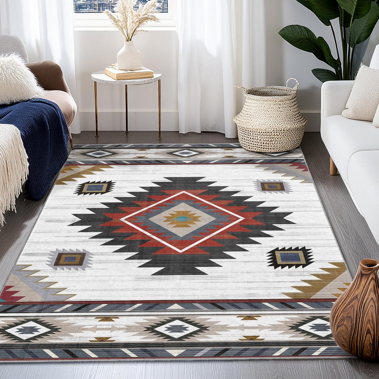 Stilvoller rechteckiger Teppich mit geometrischem Muster | Modernes Wohnambiente im Bohème-Stil | Weicher Baumwollteppich fürs Wohnzimmer
