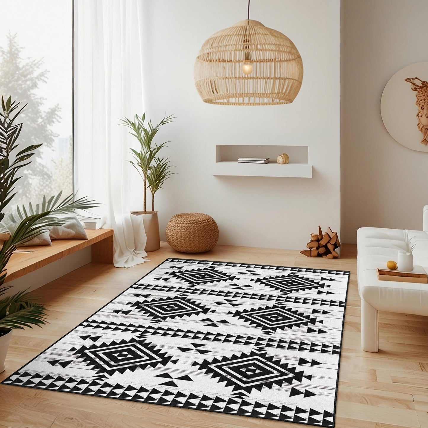 Strapazierfähiger geometrischer Teppich | Waschbarer rechteckiger Teppich mit geometrischem Muster | Moderner schwarz-weißer Teppich | Stilvolle Wohnaccessoires