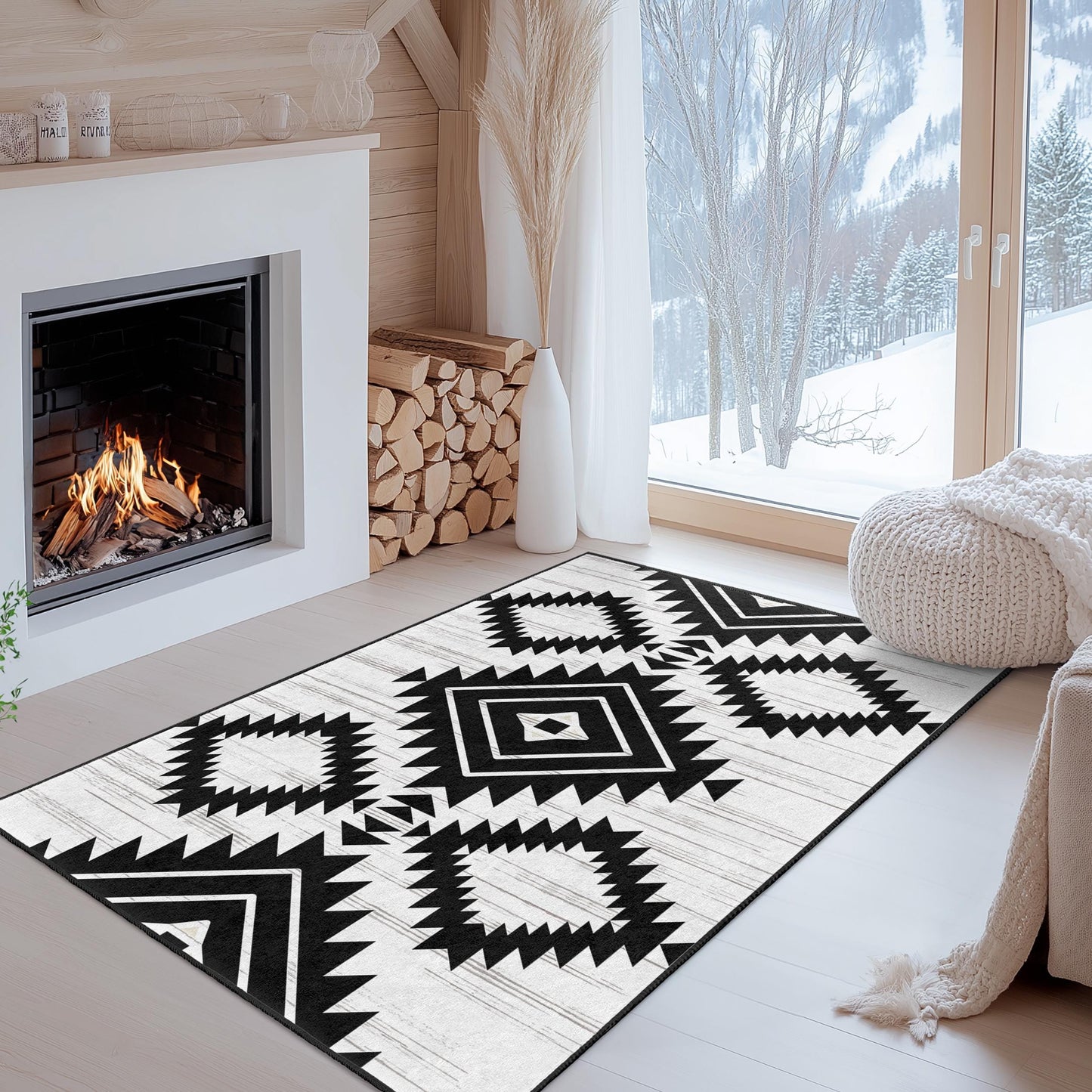 Rechteckiger Teppich mit geometrischem Muster in Schwarz-Weiß | Moderner Teppich im Ethno-Stil | Stilvolle Wohnaccessoires | Weiche Baumwollmatte