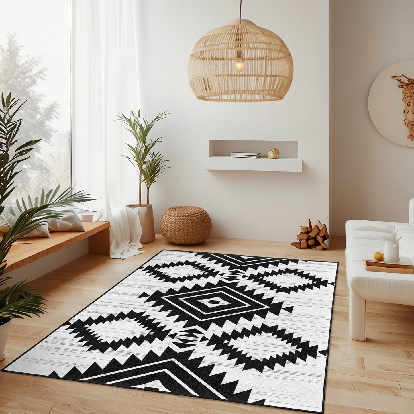 Rechteckiger Teppich mit geometrischem Muster in Schwarz-Weiß | Moderner Teppich im Ethno-Stil | Stilvolle Wohnaccessoires | Weiche Baumwollmatte
