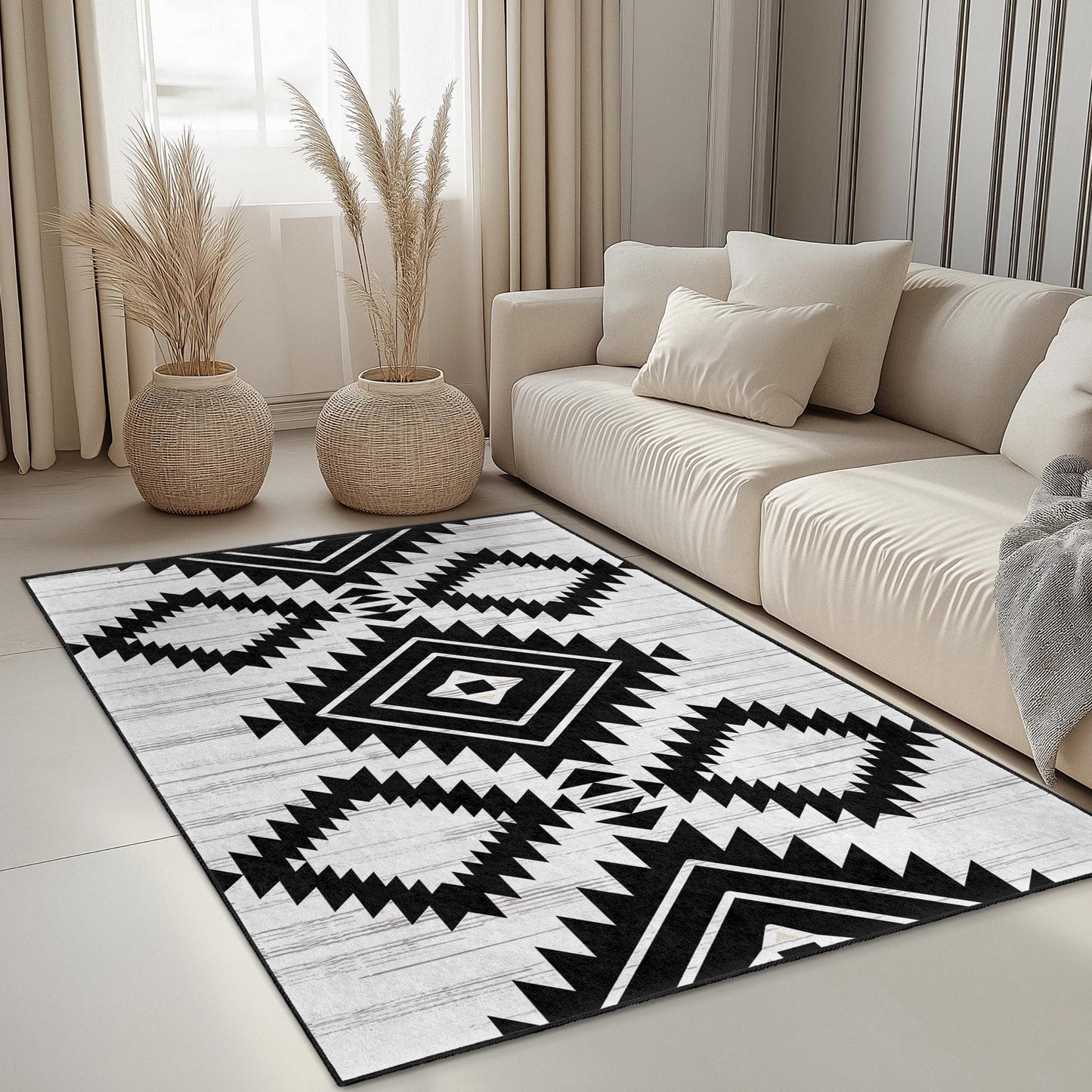 Rechteckiger Teppich mit geometrischem Muster in Schwarz-Weiß | Moderner Teppich im Ethno-Stil | Stilvolle Wohnaccessoires | Weiche Baumwollmatte