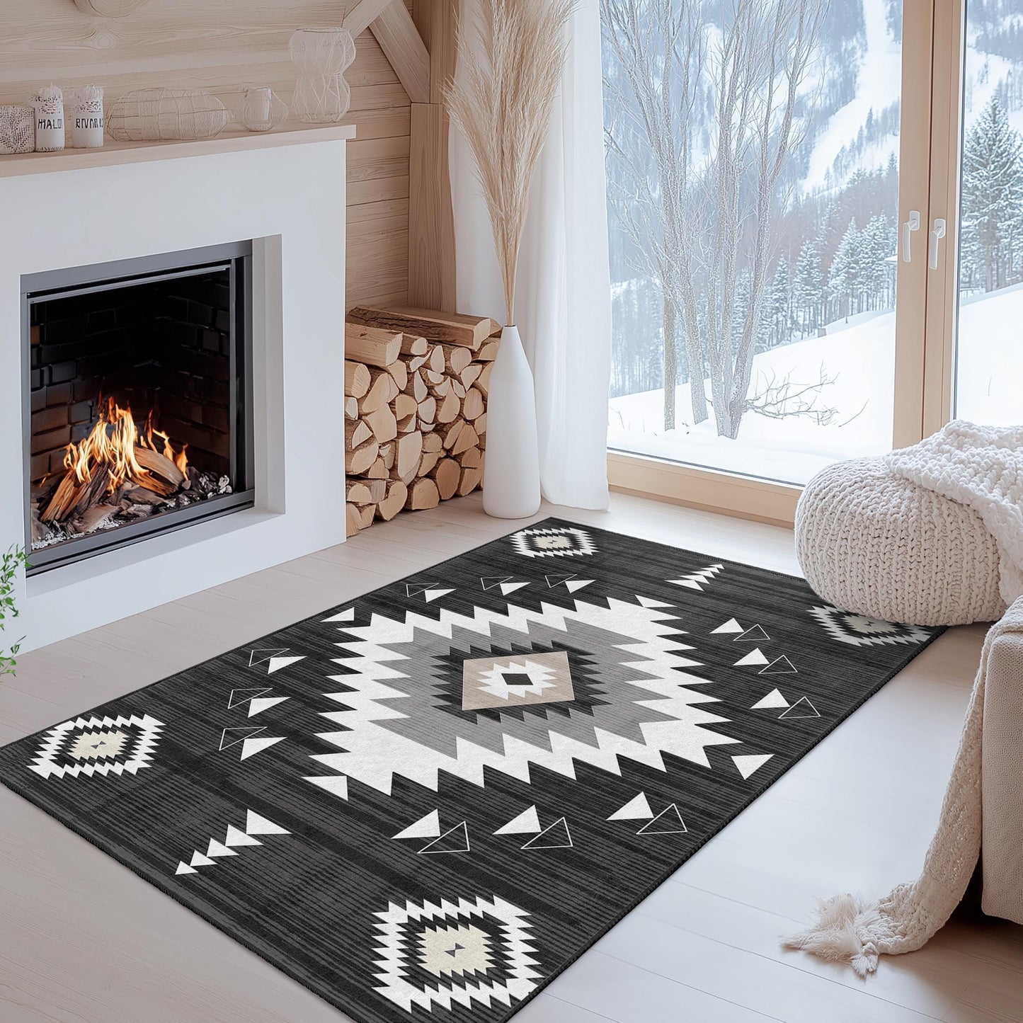 Rechteckiger, waschbarer Teppich mit geometrischem Muster | Moderner schwarz-weißer Teppich | Stilvoller Wohnzimmerteppich | Boho-Chic-Wohndeko