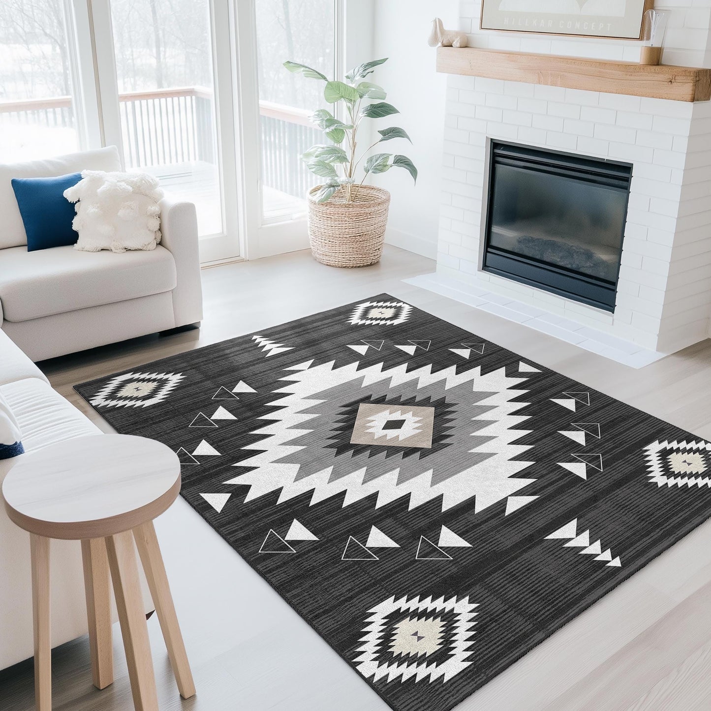 Rechteckiger, waschbarer Teppich mit geometrischem Muster | Moderner schwarz-weißer Teppich | Stilvoller Wohnzimmerteppich | Boho-Chic-Wohndeko