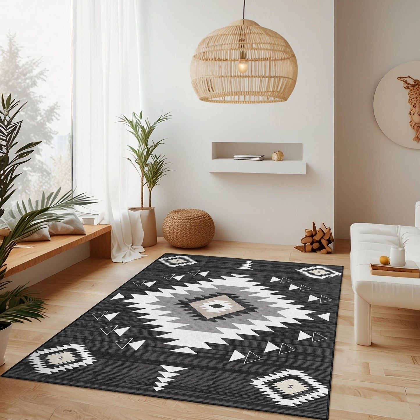 Rechteckiger, waschbarer Teppich mit geometrischem Muster | Moderner schwarz-weißer Teppich | Stilvoller Wohnzimmerteppich | Boho-Chic-Wohndeko