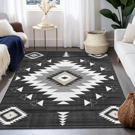 Geometric Patterned Washable Rectangular Area Rug | Modern Black and White Carpet | Stylish Living Room Mat | Boho Chic Home Decor