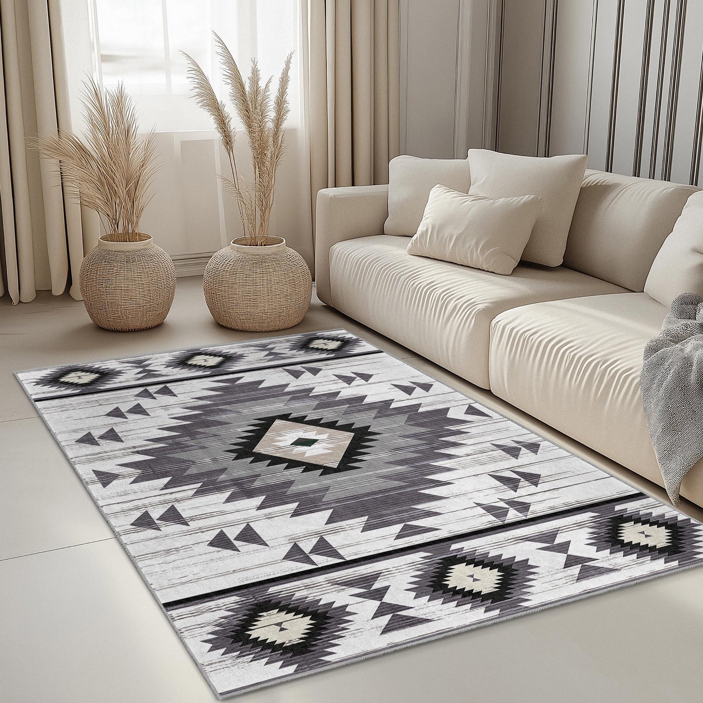 Rechteckiger Teppich mit geometrischem Ethno-Muster | Modernes Wohnambiente im Bohème-Stil | Weicher Baumwollteppich fürs Wohnzimmer