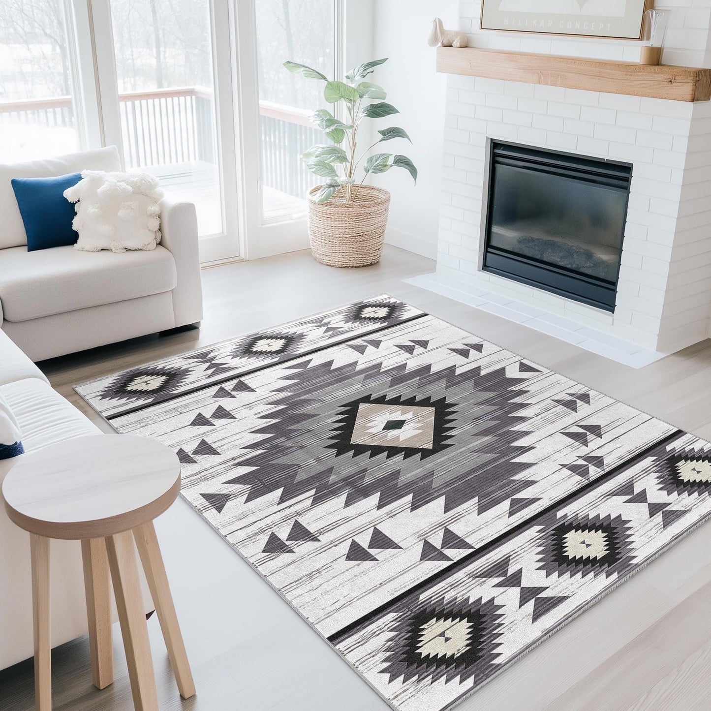 Rechteckiger Teppich mit geometrischem Ethno-Muster | Modernes Wohnambiente im Bohème-Stil | Weicher Baumwollteppich fürs Wohnzimmer
