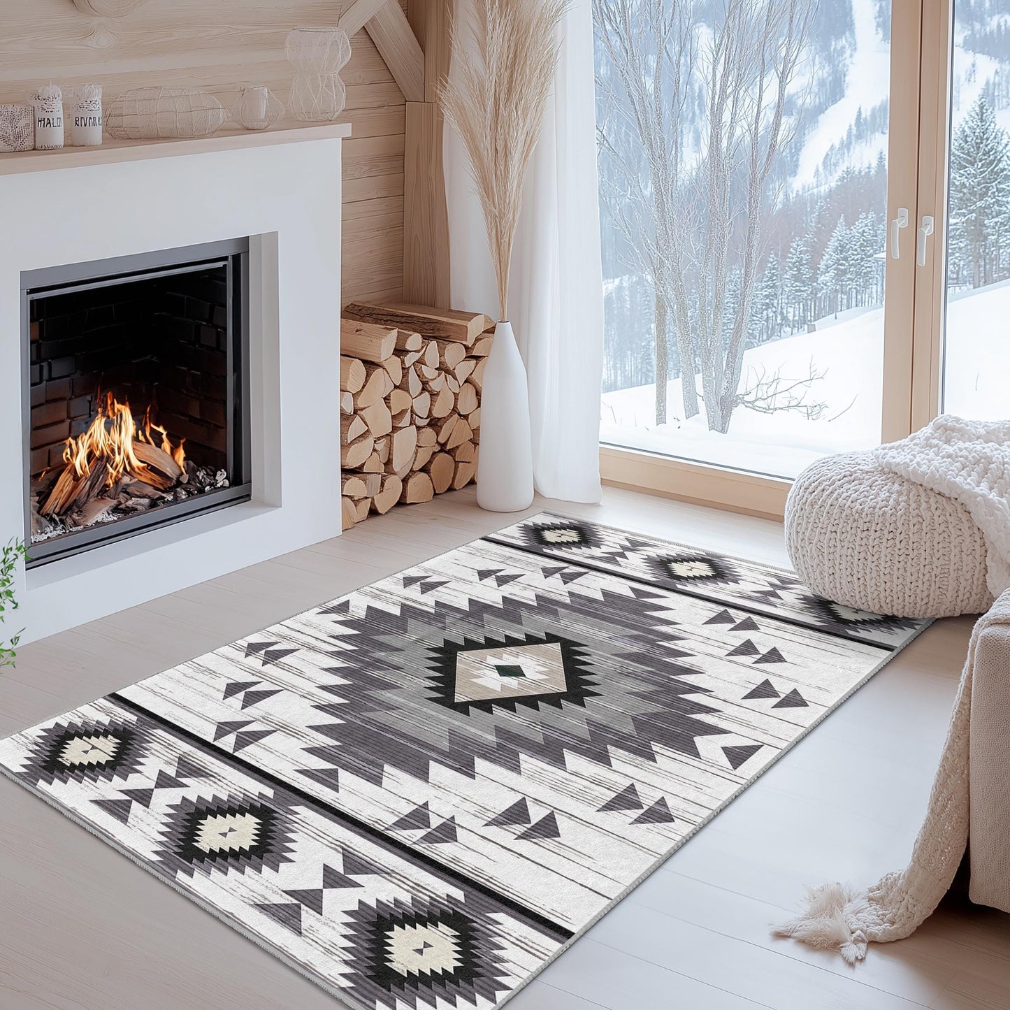 Rechteckiger Teppich mit geometrischem Ethno-Muster | Modernes Wohnambiente im Bohème-Stil | Weicher Baumwollteppich fürs Wohnzimmer