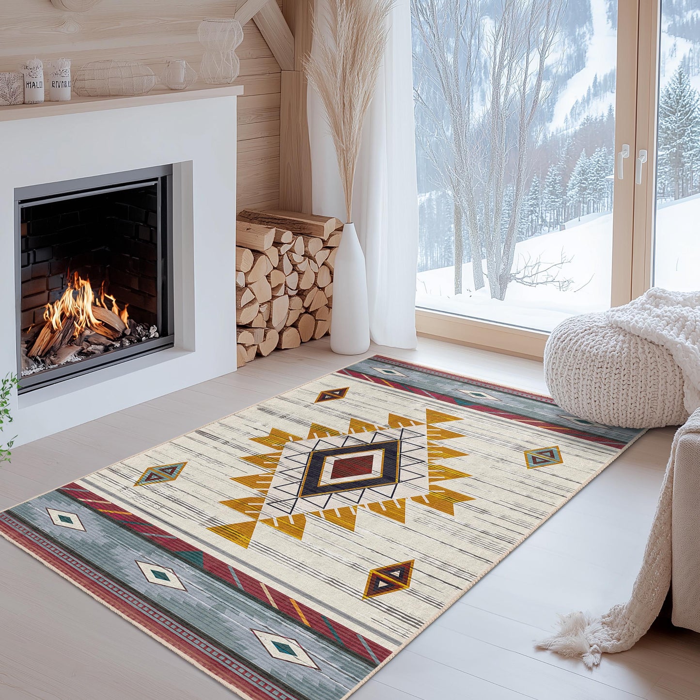 Rechteckiger Teppich mit geometrischem Muster | Teppich im Ethno-Design fürs Wohnzimmer | Weiche Baumwollmatte | Stilvolle Wohnaccessoires