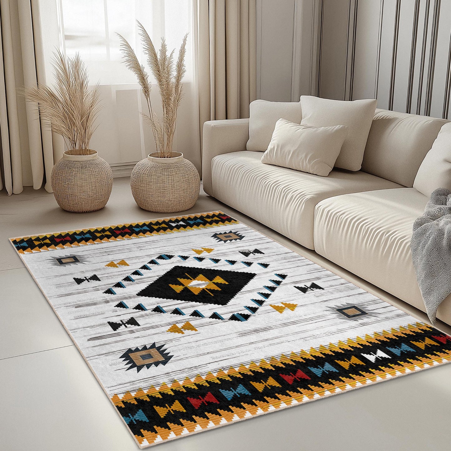 Rechteckiger, waschbarer Teppich mit geometrischem Muster | Moderner Teppich im Ethno-Stil | Stilvolle Wohnzimmerdekoration | Wohnaccessoire im Bohème-Stil