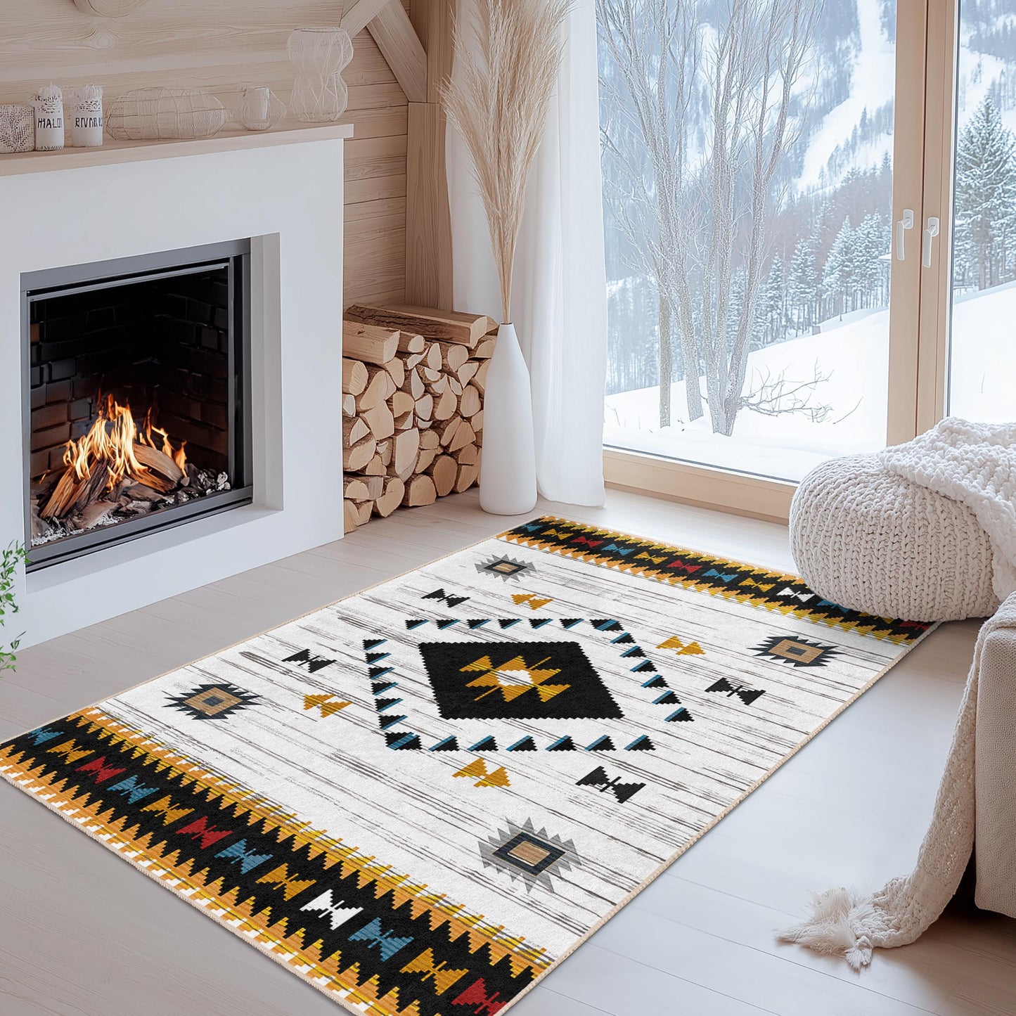 Rechteckiger, waschbarer Teppich mit geometrischem Muster | Moderner Teppich im Ethno-Stil | Stilvolle Wohnzimmerdekoration | Wohnaccessoire im Bohème-Stil