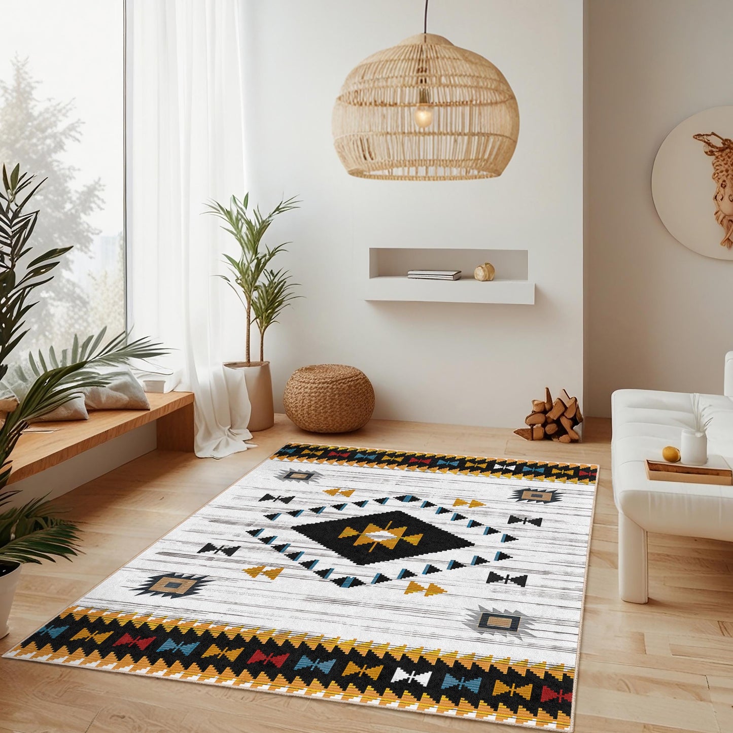 Rechteckiger, waschbarer Teppich mit geometrischem Muster | Moderner Teppich im Ethno-Stil | Stilvolle Wohnzimmerdekoration | Wohnaccessoire im Bohème-Stil