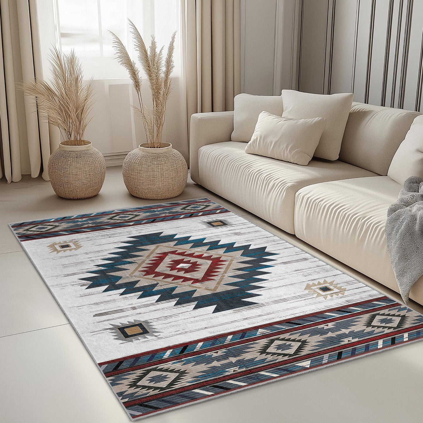 Rechteckiger Teppich mit geometrischem Muster | Teppich im Südwest-Stil | Moderne Wohnzimmerdekoration | Wohnaccessoire im Bohème-Stil