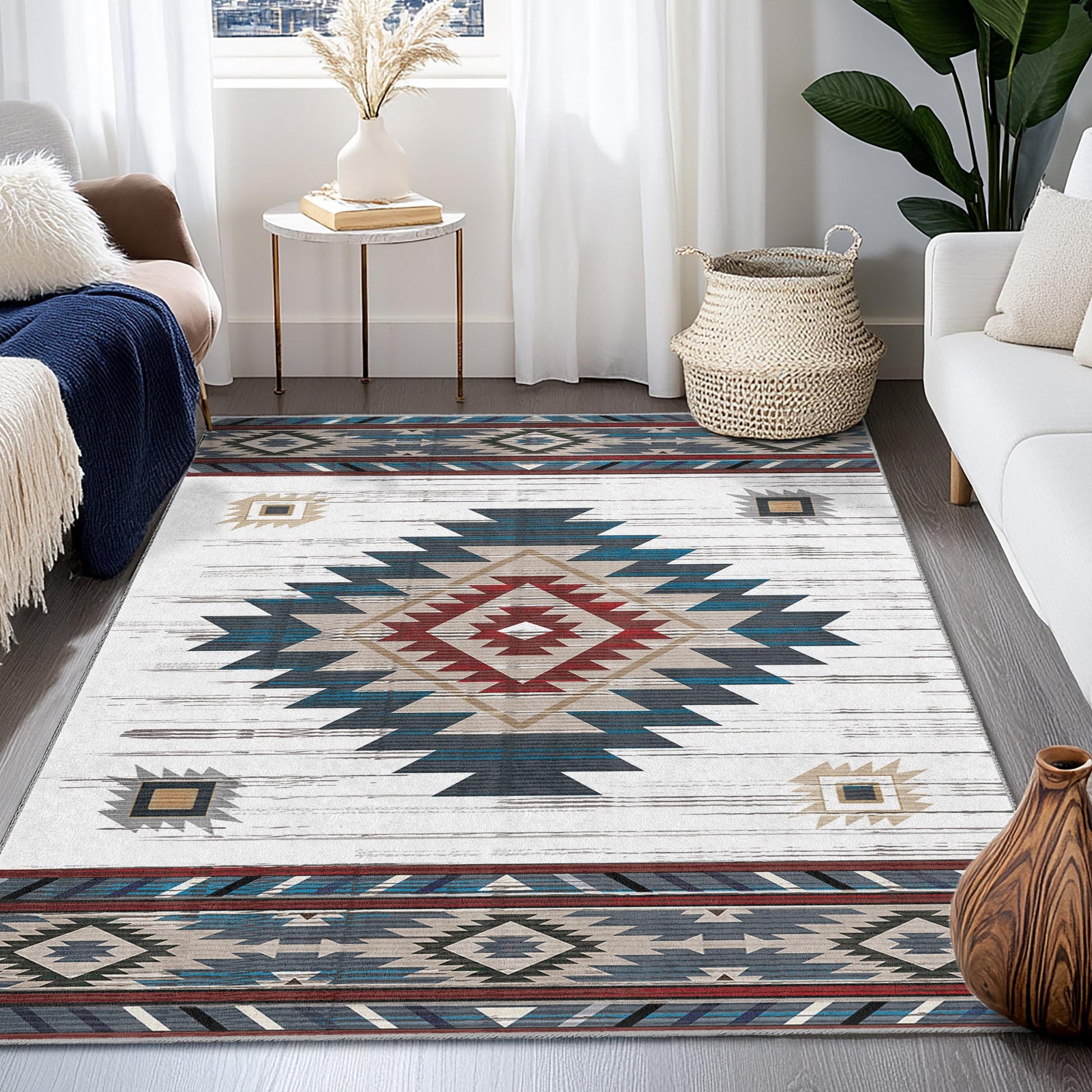 Geometric Patterned Rectangular Area Rug | Southwestern Style Carpet | Modern Living Room Decoration | Bohemian Home Accent